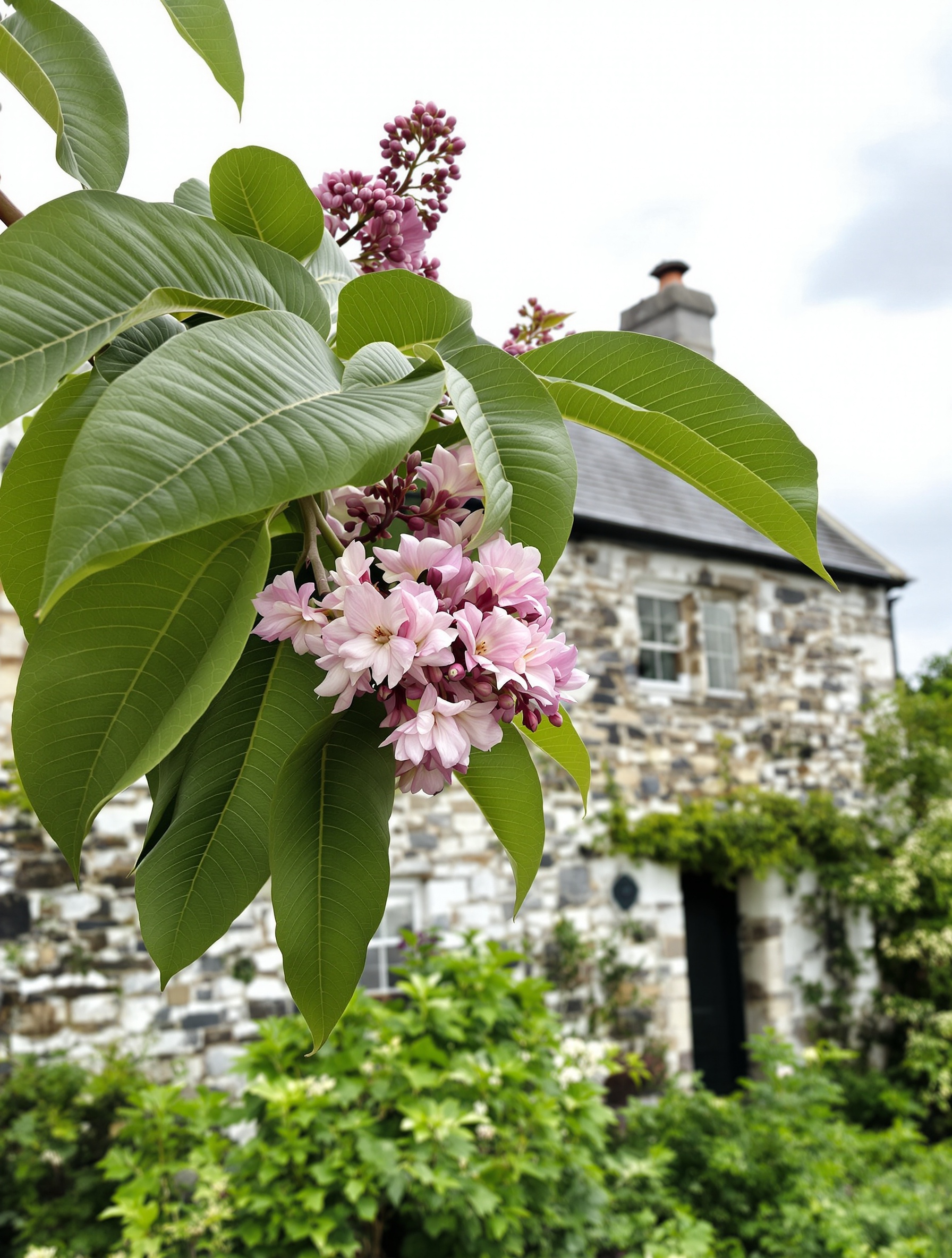 Paulownia devant un vieux penty breton