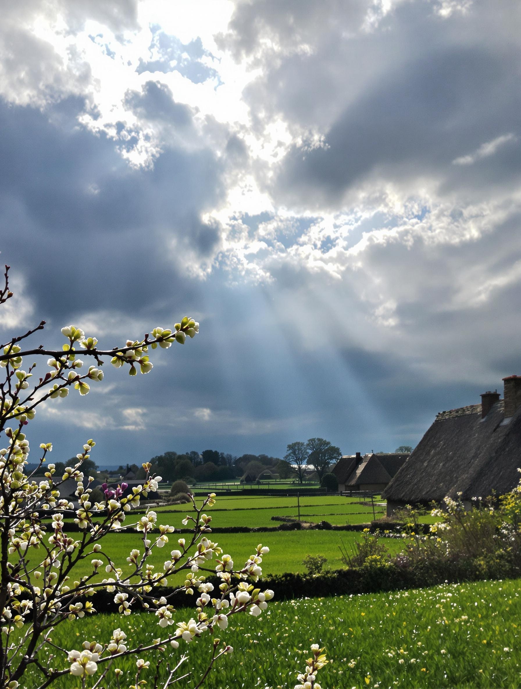 Paysage breton giboulées soleil bourgeons toit chaume