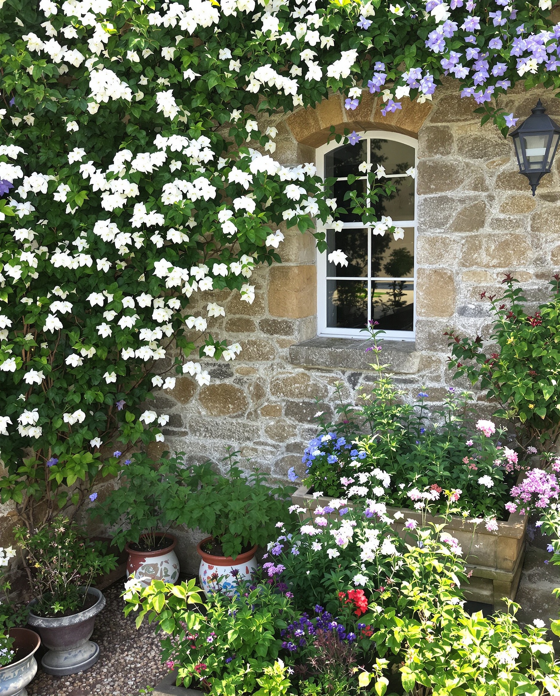 Petit jardin breton luxuriant avec plantes grimpantes et mini-potager