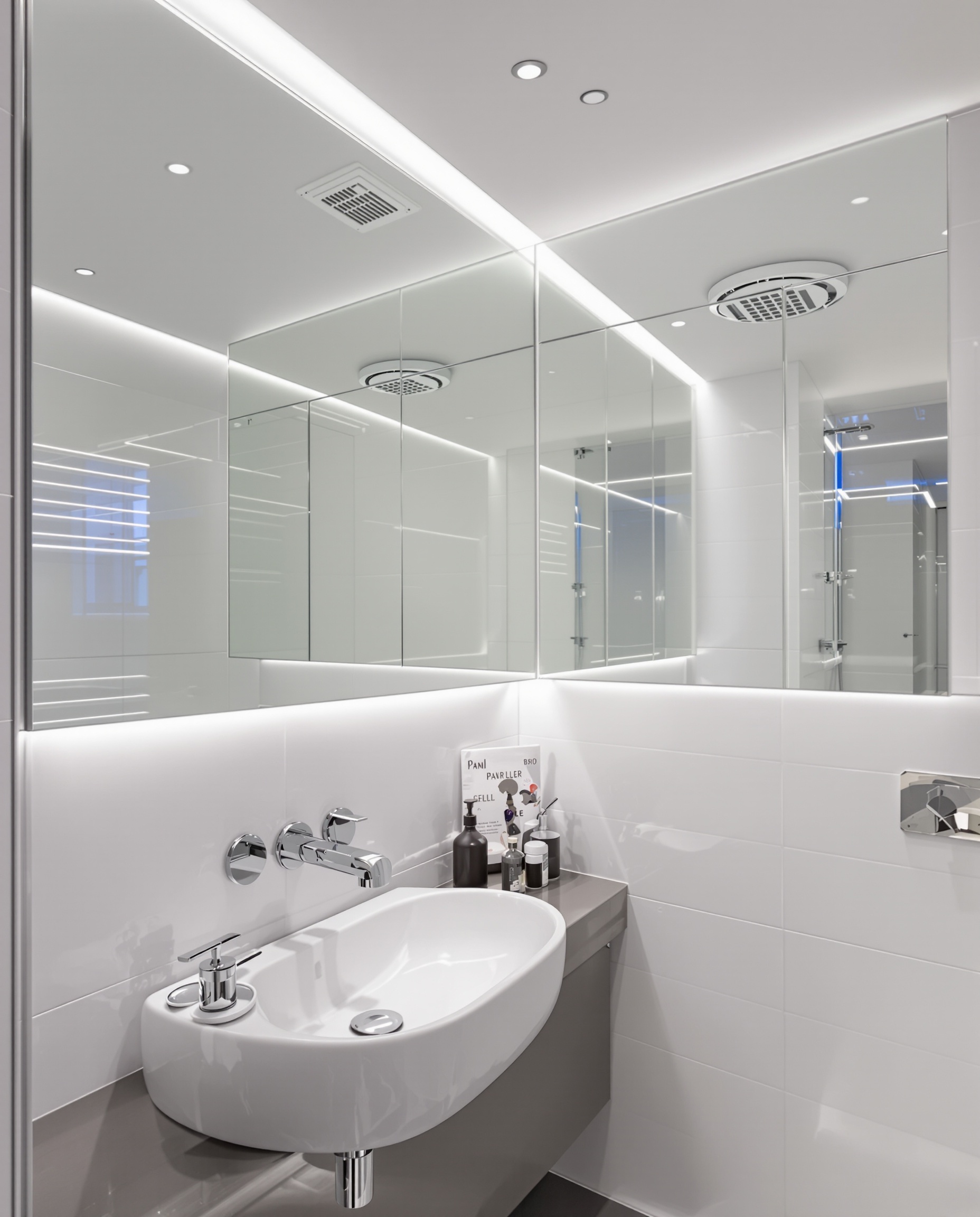 petite salle de bain sans fenêtre optimisée avec éclairage LED, miroirs, matériaux brillants (verre, métal poli) et ventilation discrète