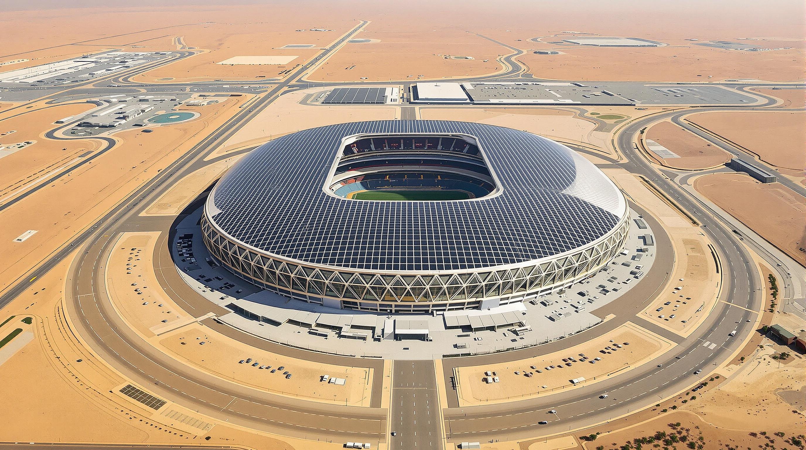Photo aérienne du stade Lusail avec panneaux solaires sur le toit et larges avenues, vue désertique.