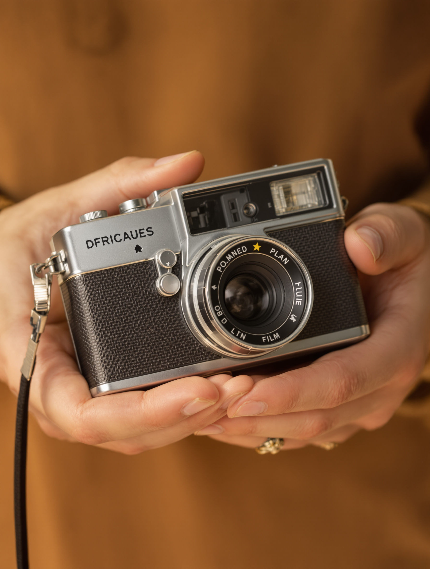Appareil photo argentique point-and-shoot vintage tenu dans des mains - chaleur, durabilité et authenticité