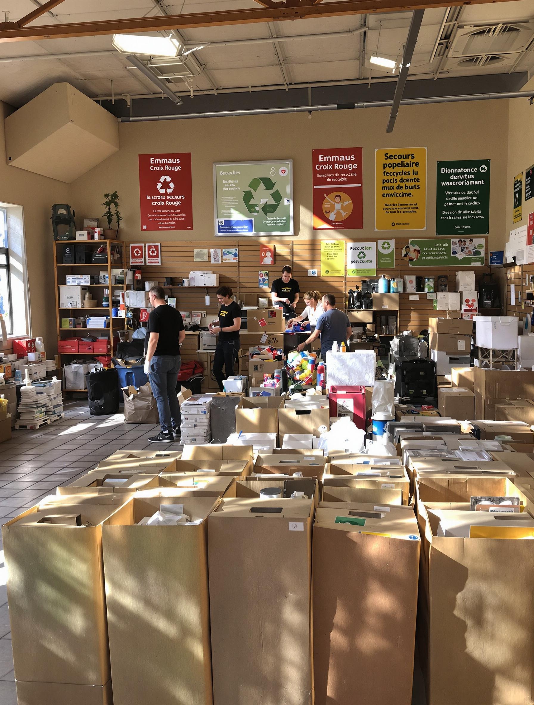 Ressourcerie bretonne avec boîtes Emmaüs, Croix Rouge et Secours Populaire
