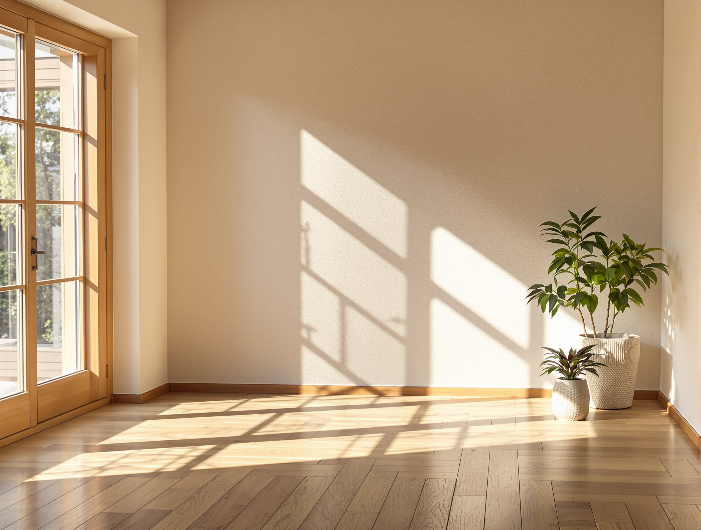 Une pièce de vie lumineuse et saine après rénovation écologique : mur à la chaux texturé, parquet bois massif et grande fenêtre en bois laissant entrer la lumière naturelle.