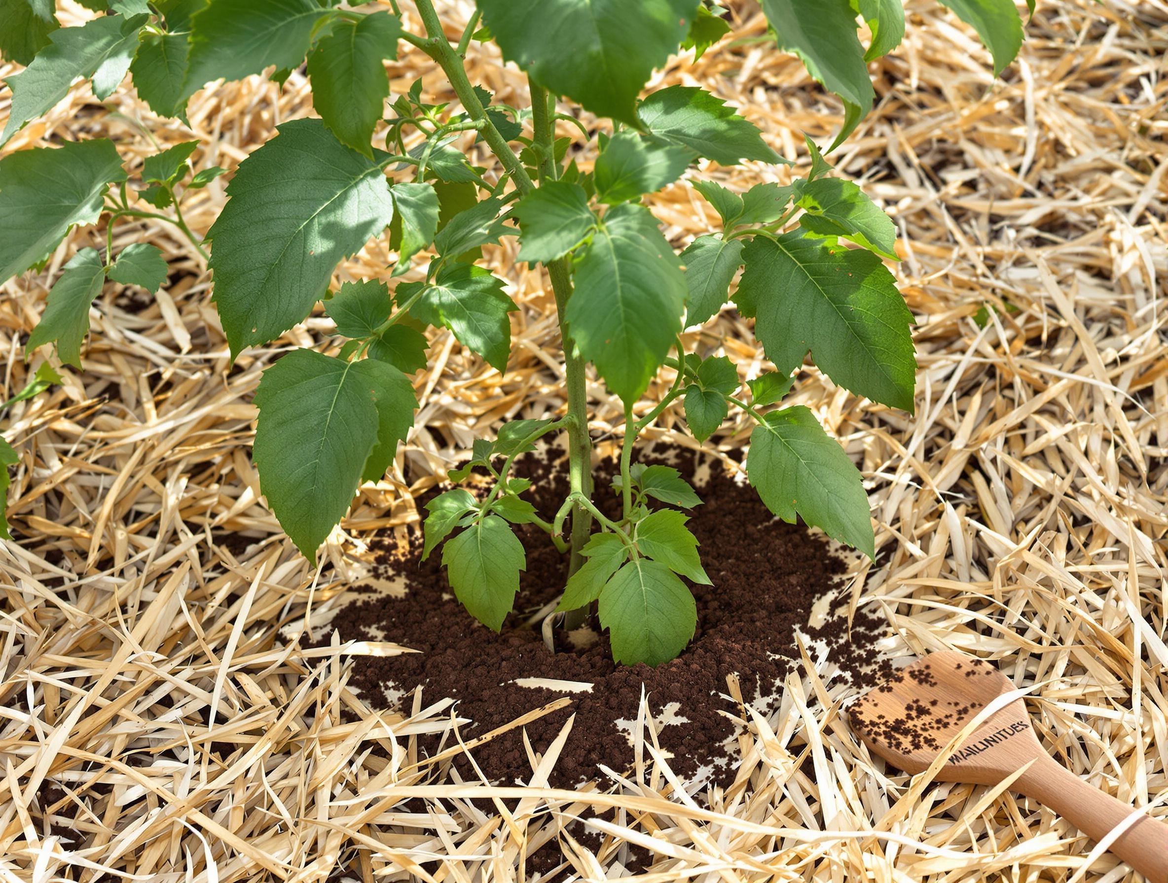 Gestuelle précise : main saupoudrant du marc sec autour d’un pied de tomate vigoureux avec paillage en paille dorée.