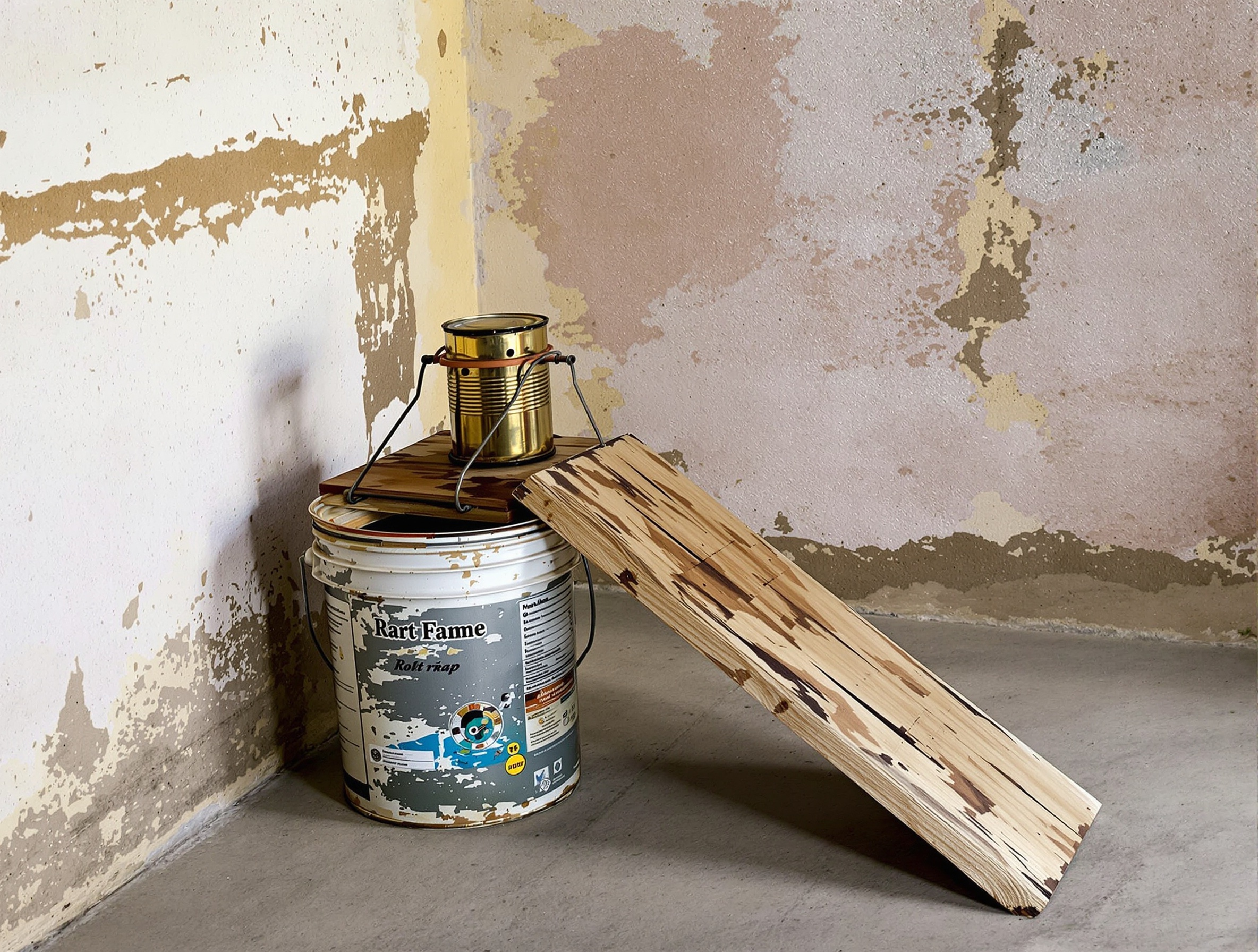 piège à rat artisanal avec seau et canette posé contre un mur dans cave rustique