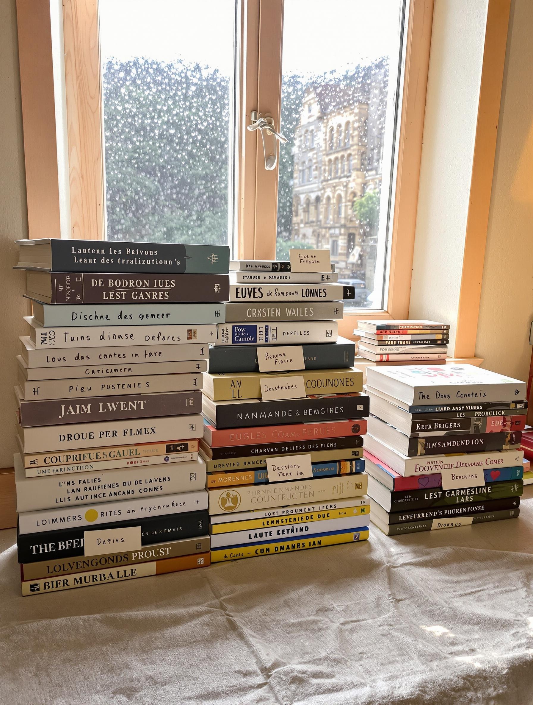 Livres triés par genre et étiquetés sur une table bretonne en lin.