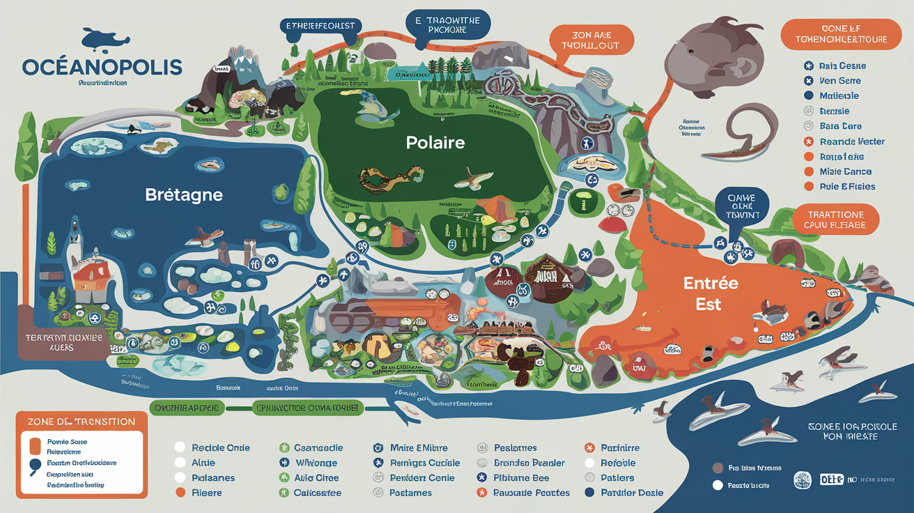 Plan général d'Océanopolis avec les trois pavillons et zones de transition