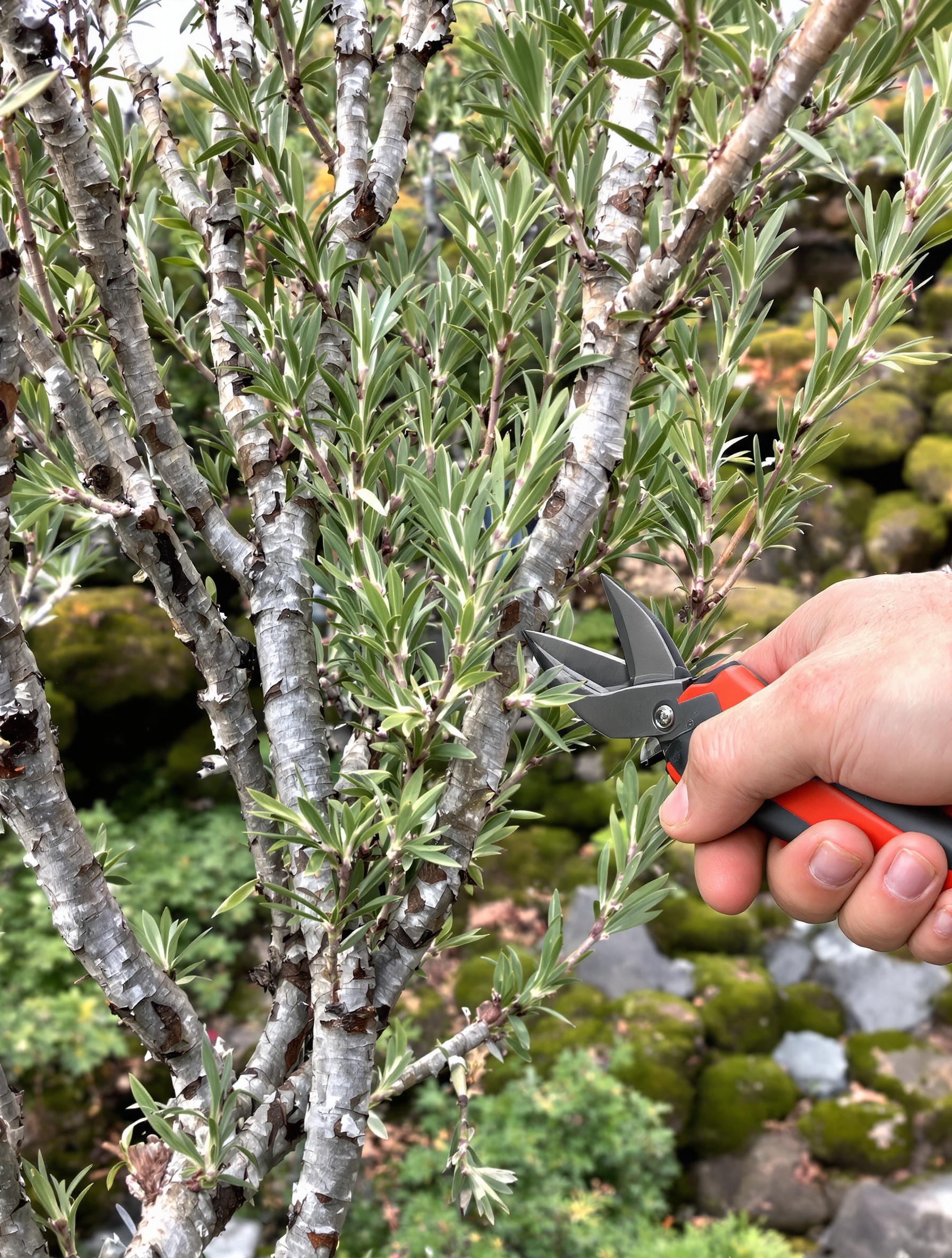 Taille rajeunissement vieux romarin branche grise – main avec sécateur