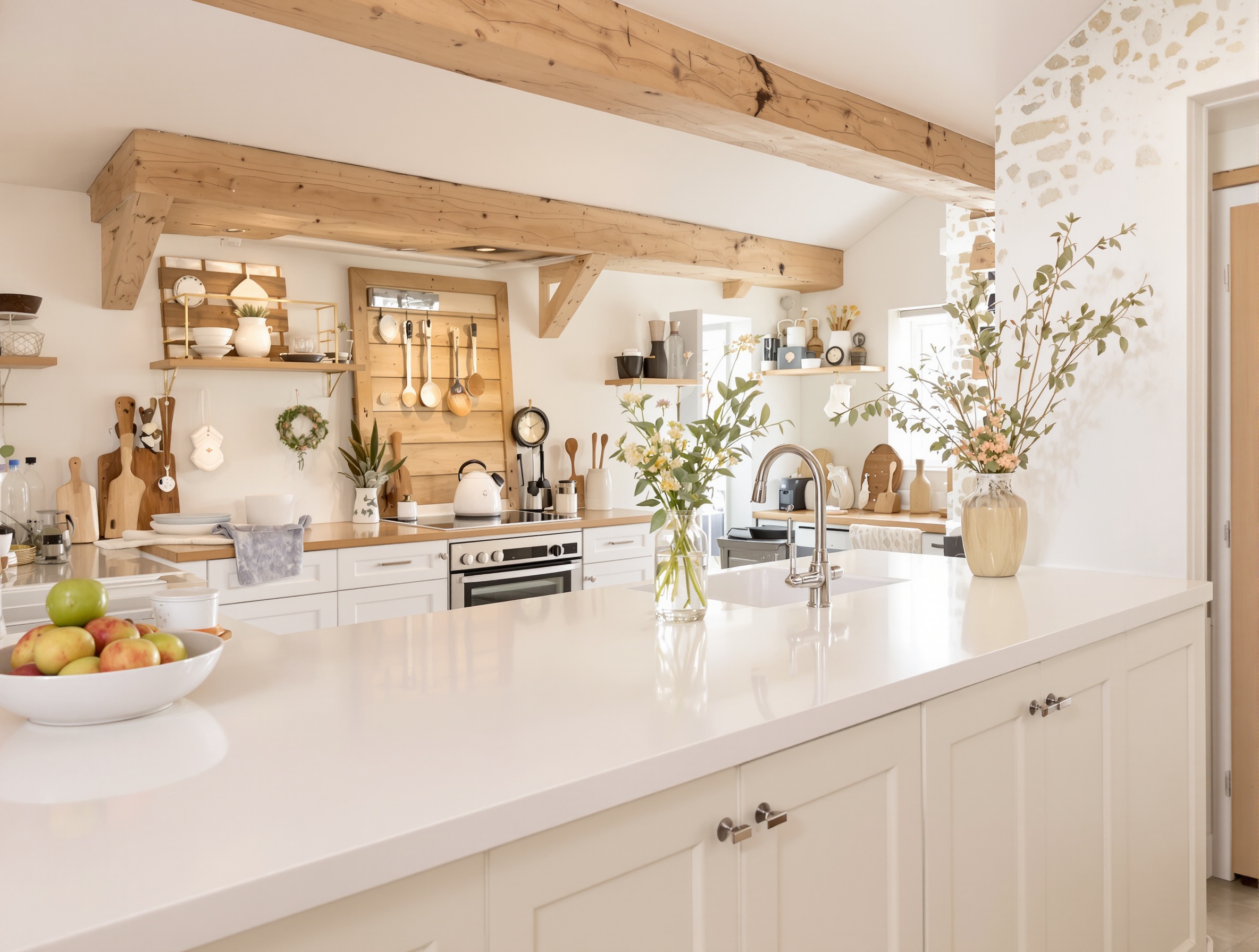 Cuisine impeccable et plans de travail sans miettes dans maison bretonne.