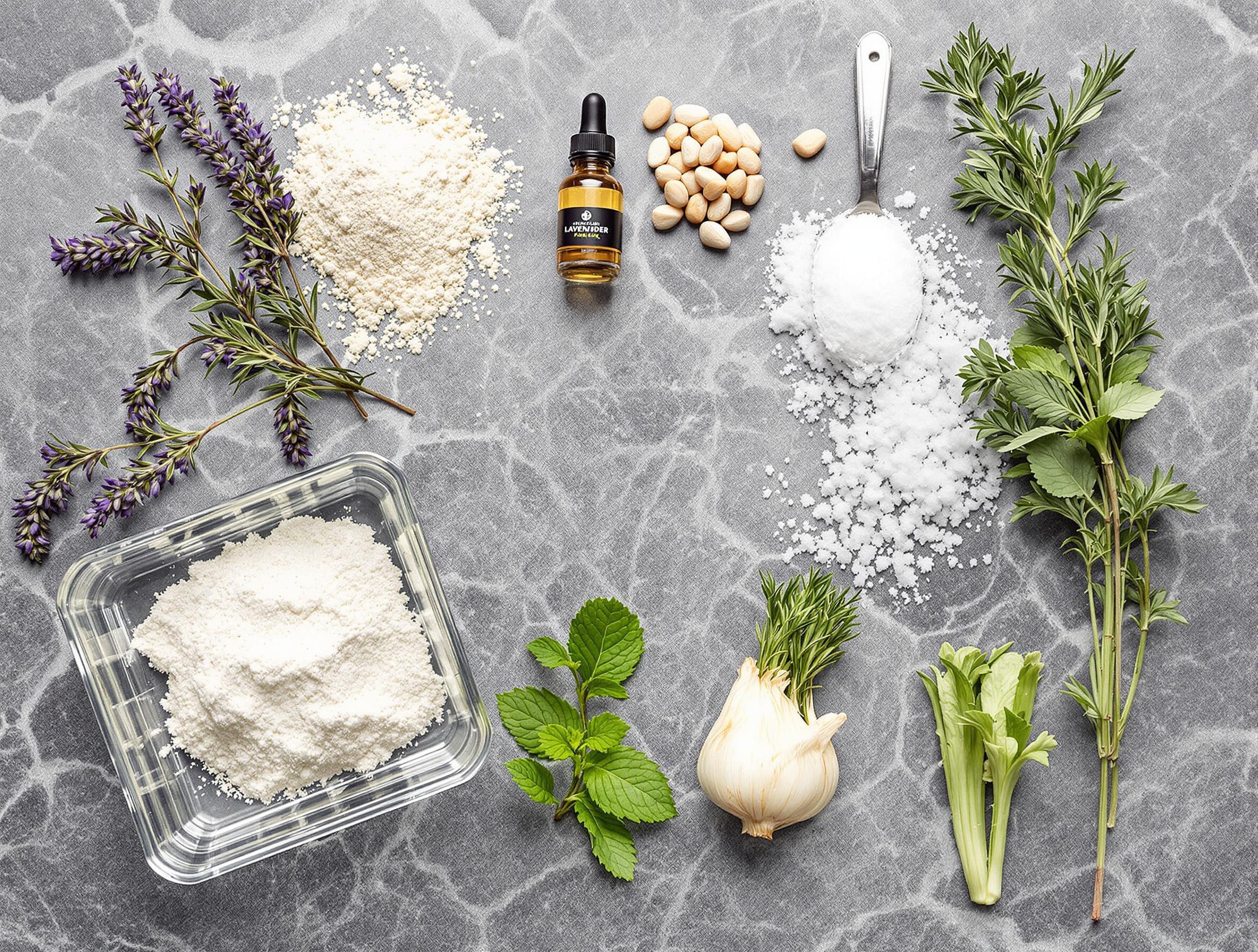 Planche botanique avec terre de diatomée, vinaigre, lavande, eucalyptus, bicarbonate, sel, romarin, menthe, fenouil, granit et algues