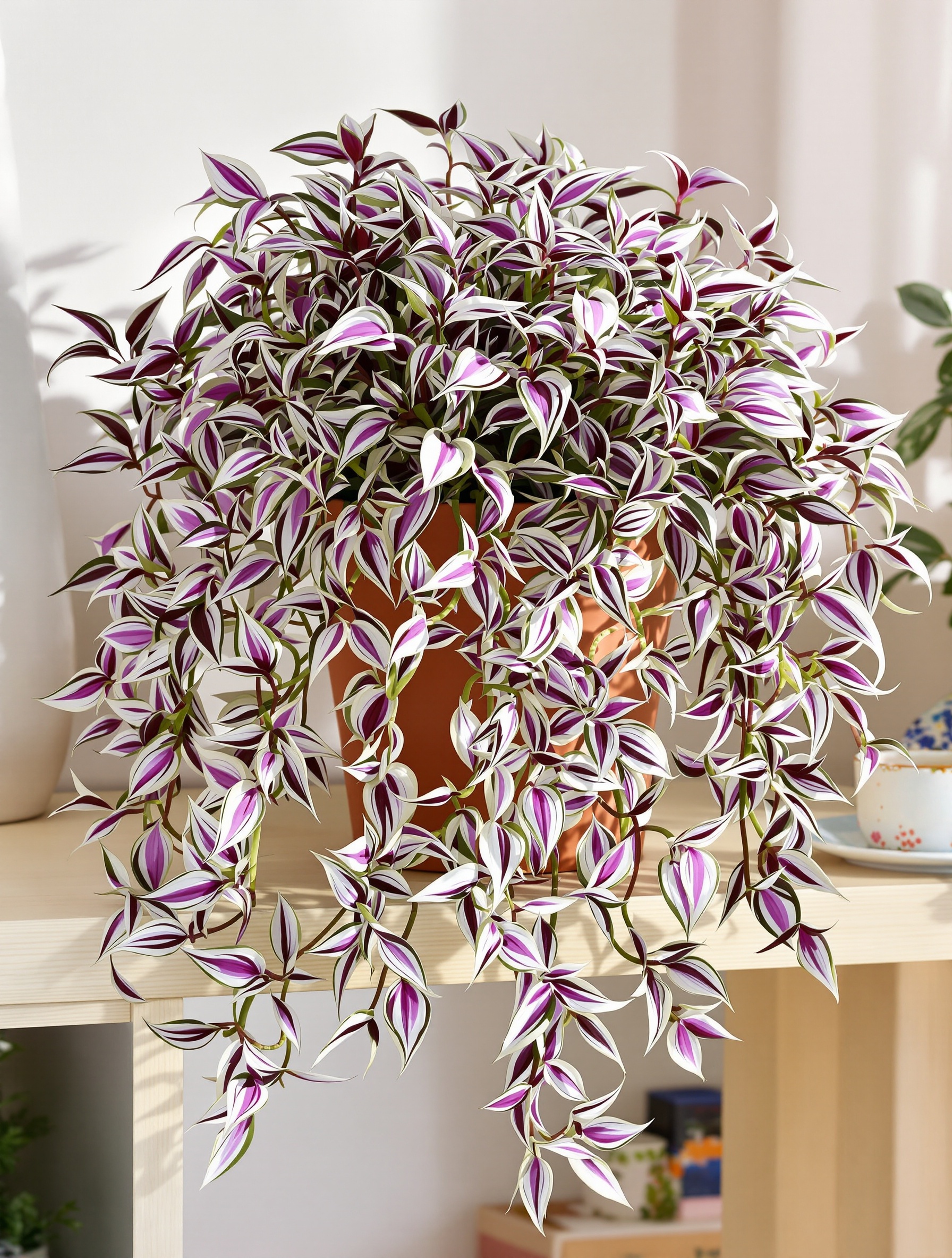 Tradescantia zebrina luxuriante en pot terre cuite, lumière naturelle, ambiance saine