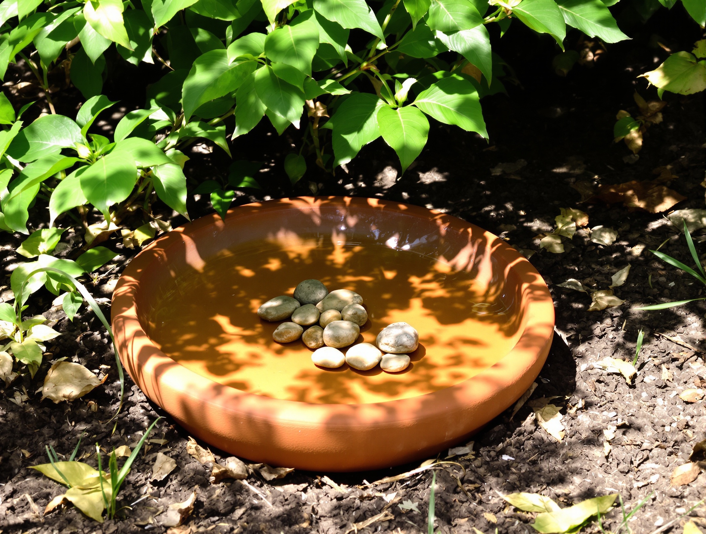 point d'eau simple jardin lézard soucoupe cailloux