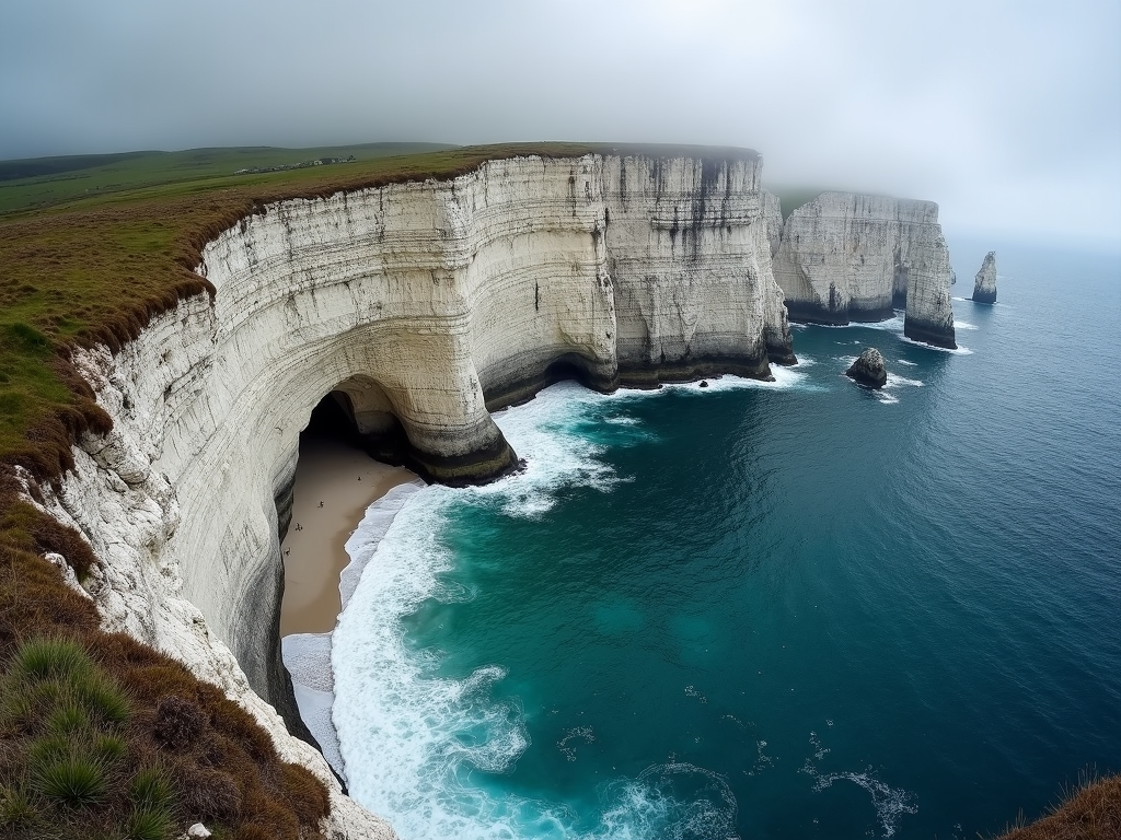 Photo panoramique des falaises granitiques de la Pointe du Raz sous un ciel nuageux