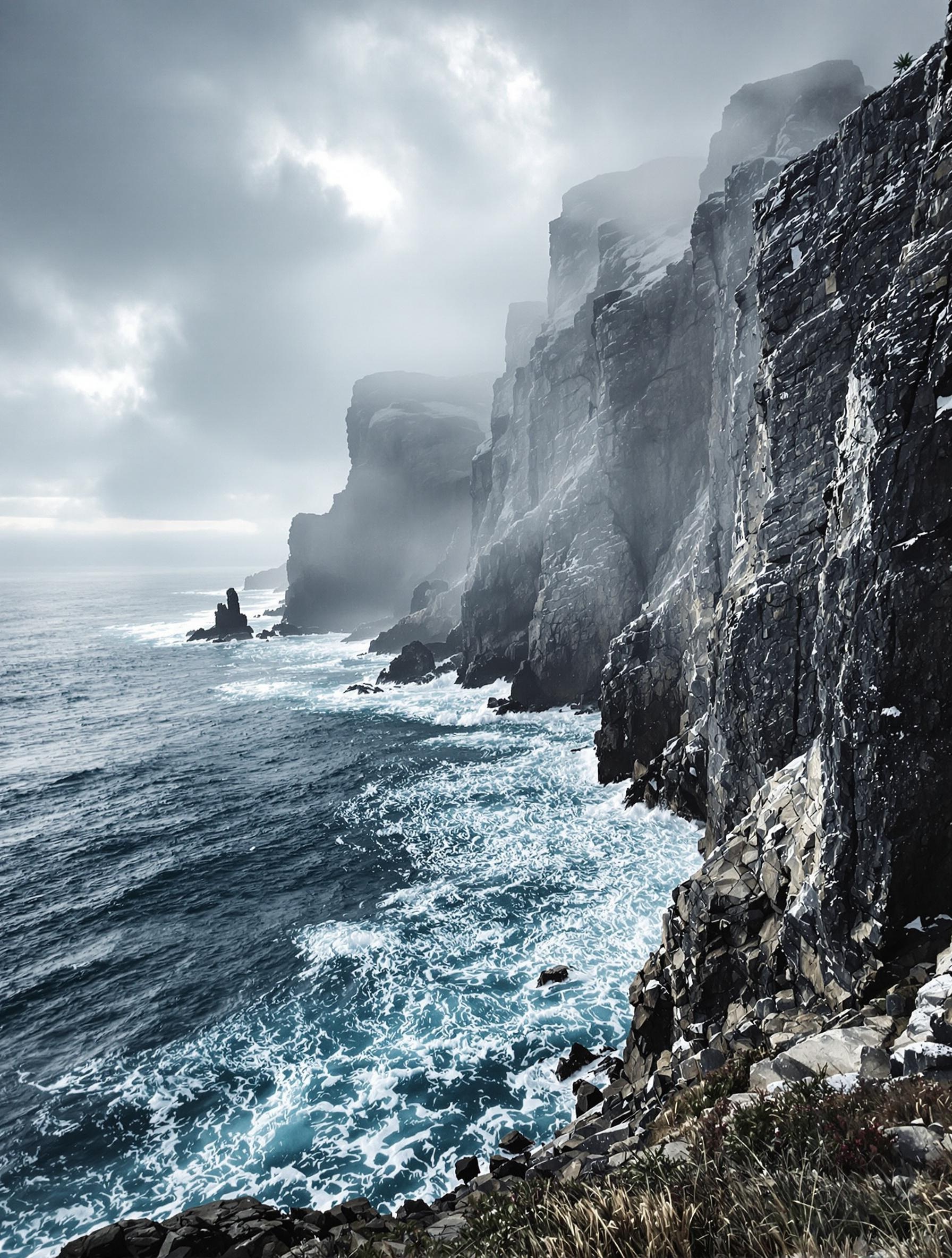 Lumière rasante hivernale sur les falaises brumeuses de la Pointe du Raz
