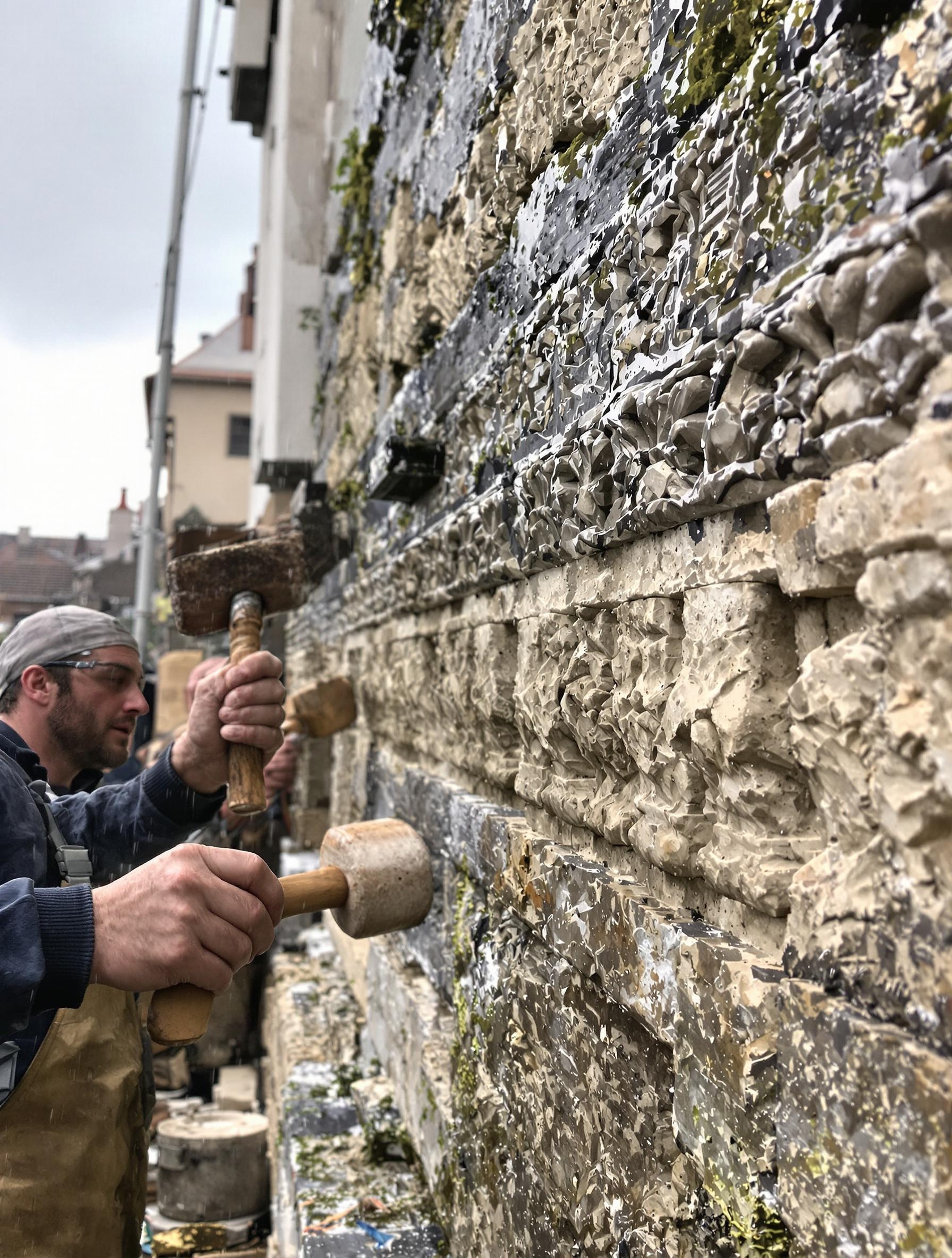 Pose de bandeaux en pierre taillée sous une pluie bretonne