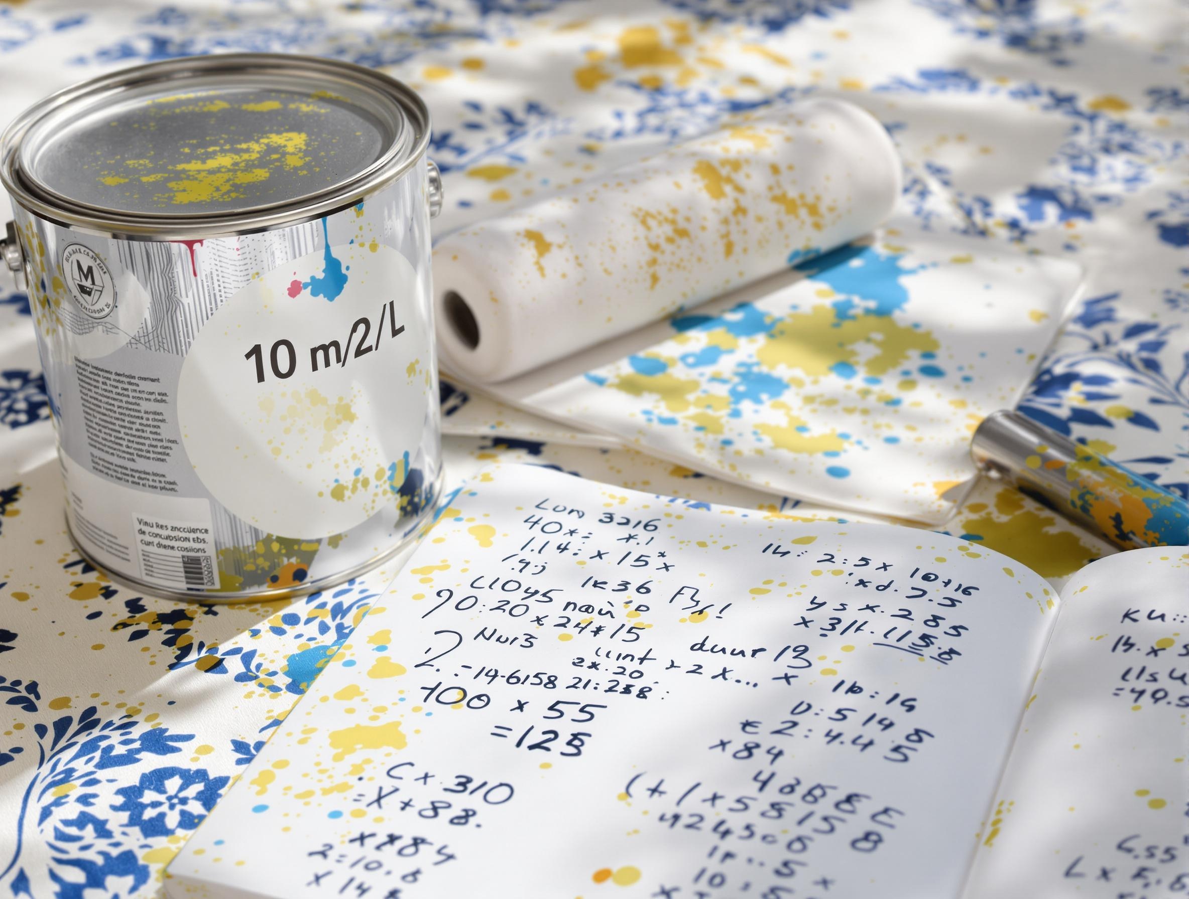 Pot de peinture avec rendement 10m²/L et carnet de calcul.