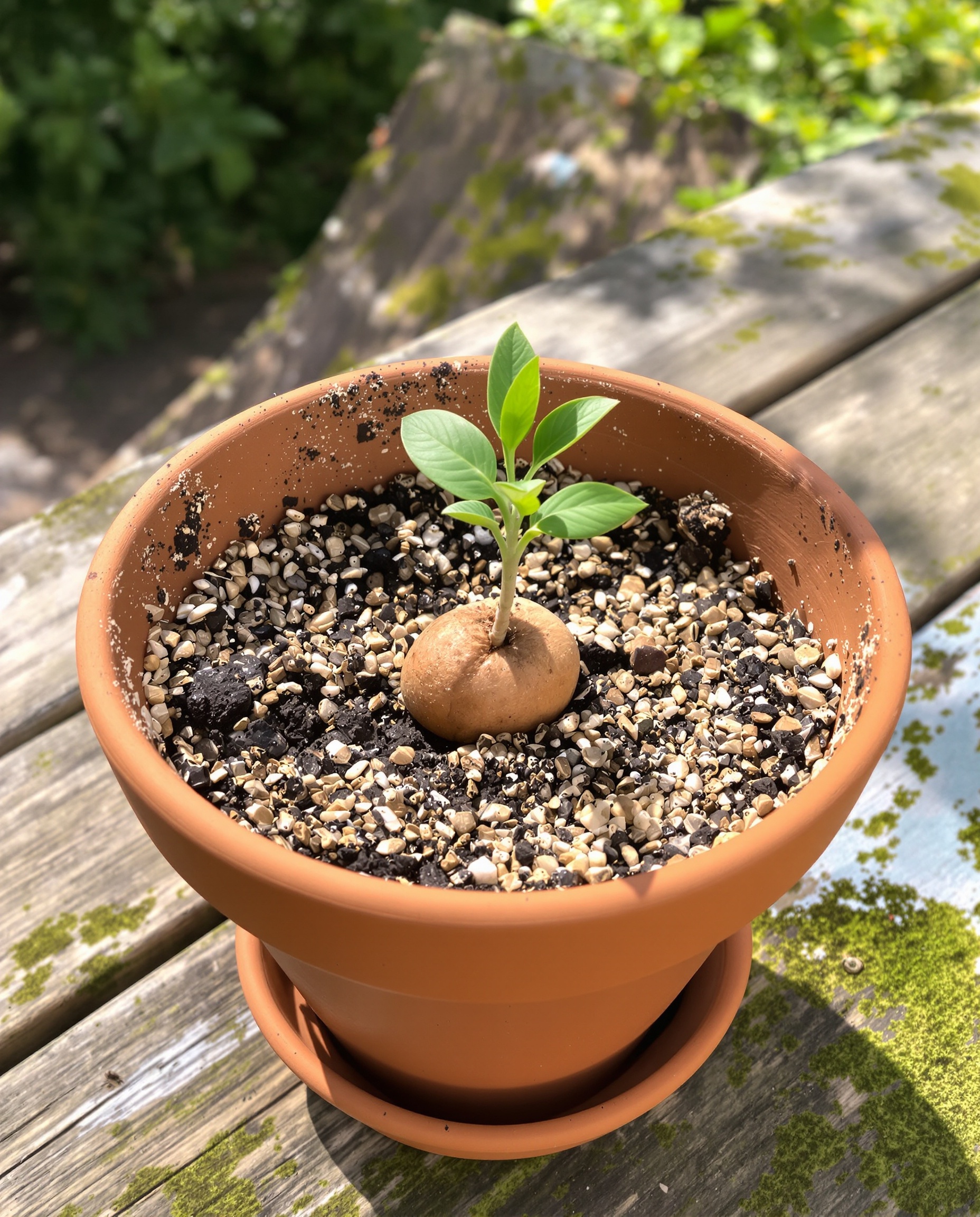 Pot en terre cuite avec substrat sableux et noyau germé prêt à planter.