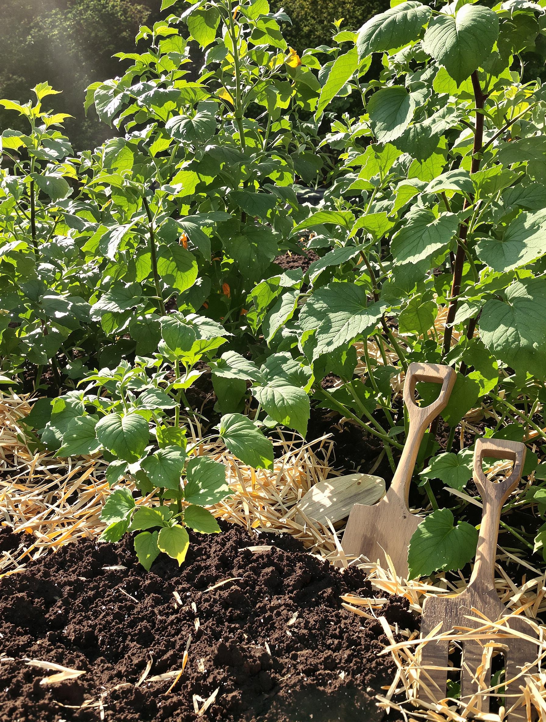 Potager breton luxuriant avec sol brun foncé amendé au marc de café, paillis de paille et outils en bois artisanal.