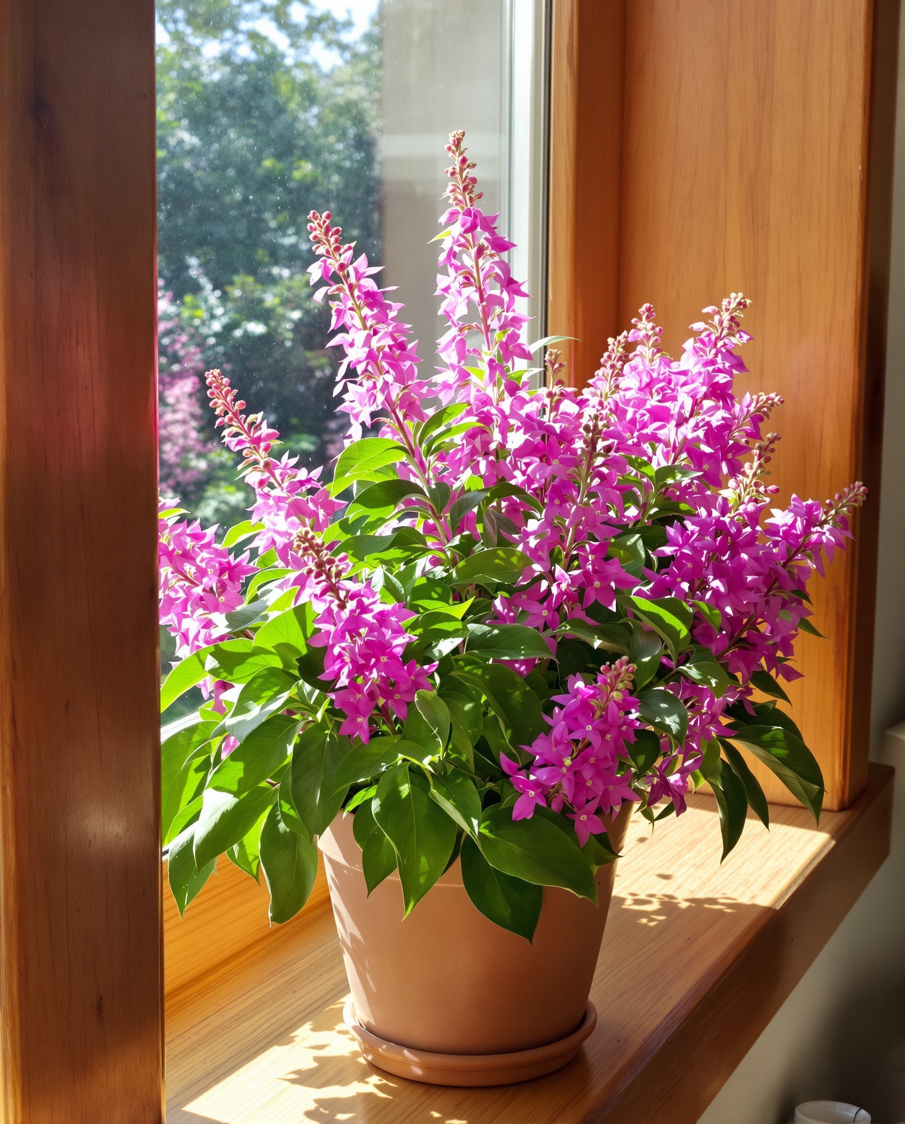 Potée fleurie de bergamote sauvage sur rebord de fenêtre