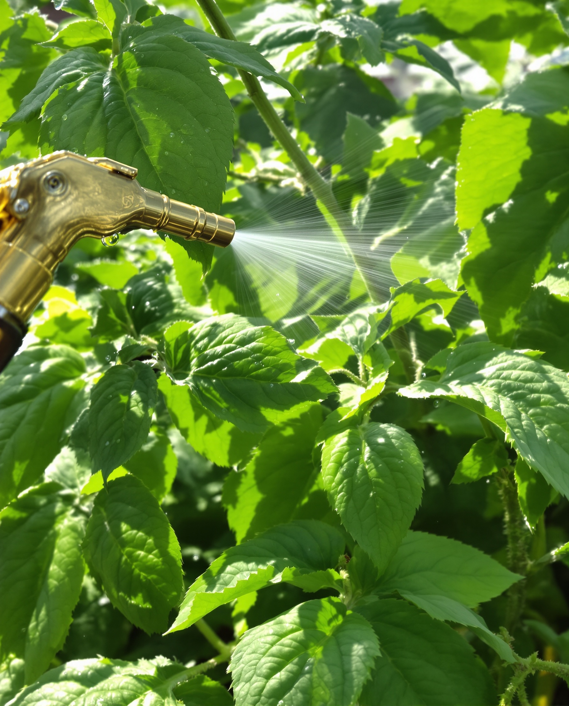 Pulvérisateur en laiton sur feuilles de tomates – remède naturel écologique