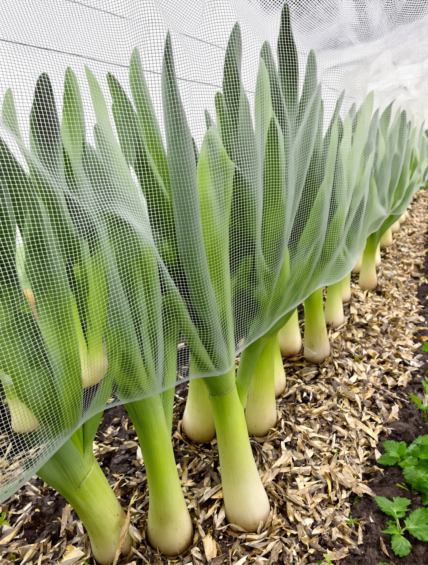 Rang de poireaux paillés sous filet anti-insecte dans potager breton