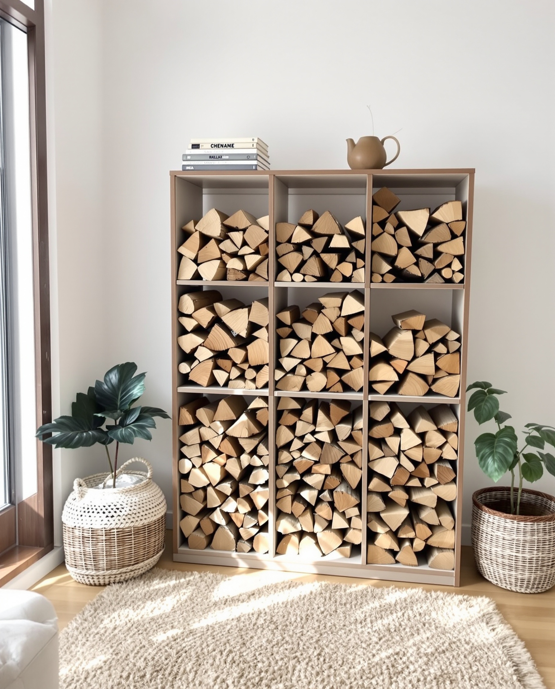 Un range-bûches intérieur DIY réalisé à partir d'un meuble IKEA KALLAX détourné, avec des bûches soigneusement empilées et un tapis en toile de jute en dessous.