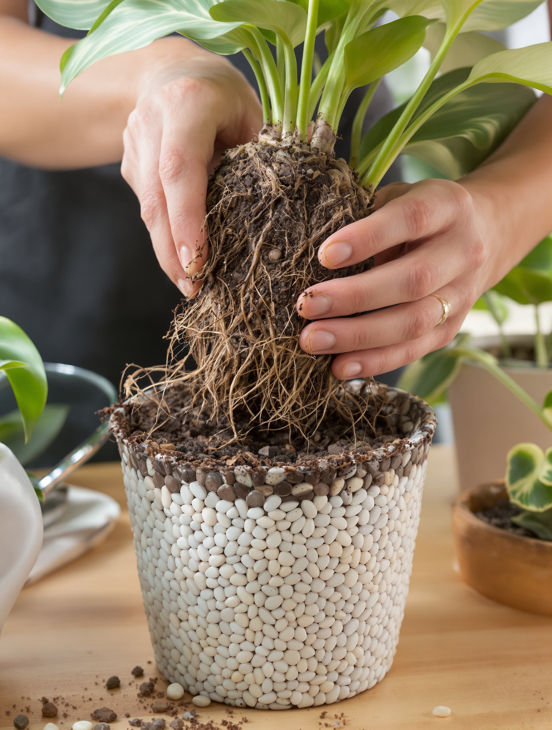 Rempotage Spathiphyllum mains motte saine billes d'argile