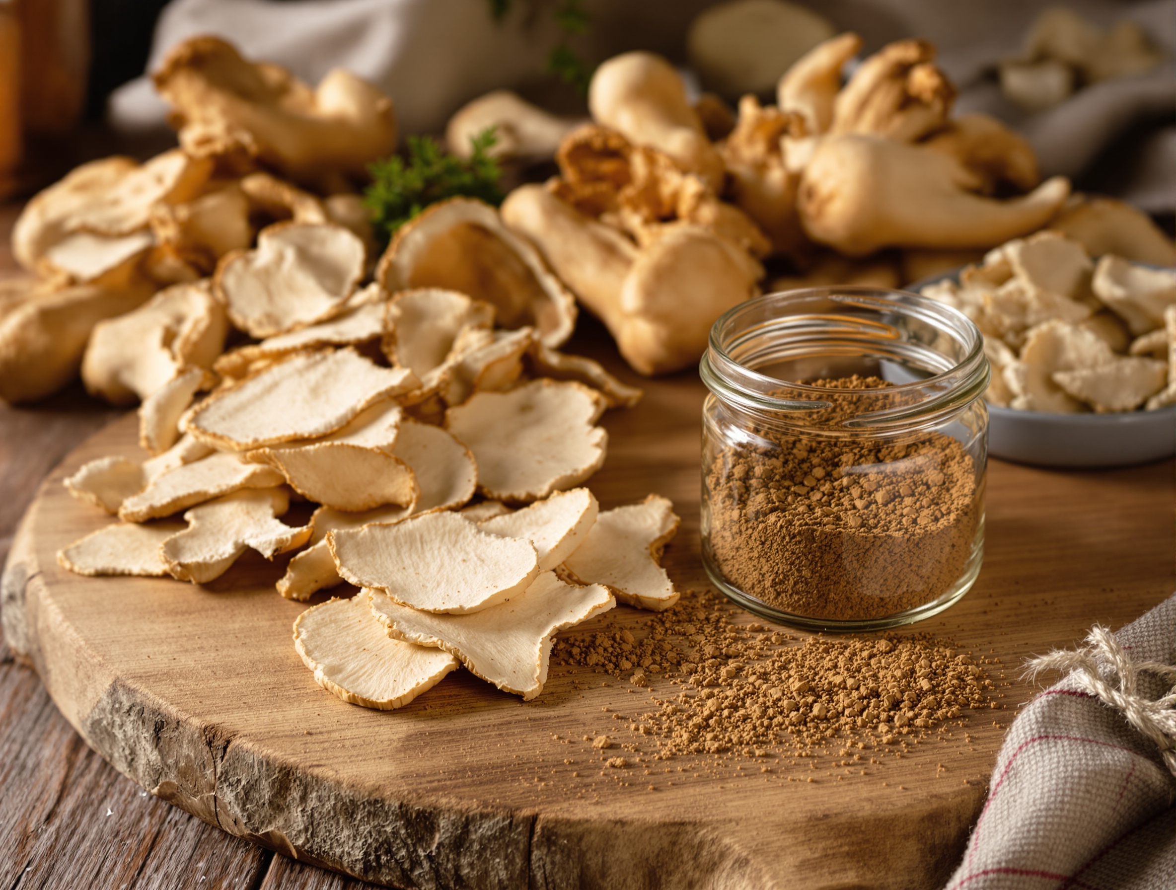 Rondelles de pied de Bolet rude séchant sur planche rustique, pot de poudre maison