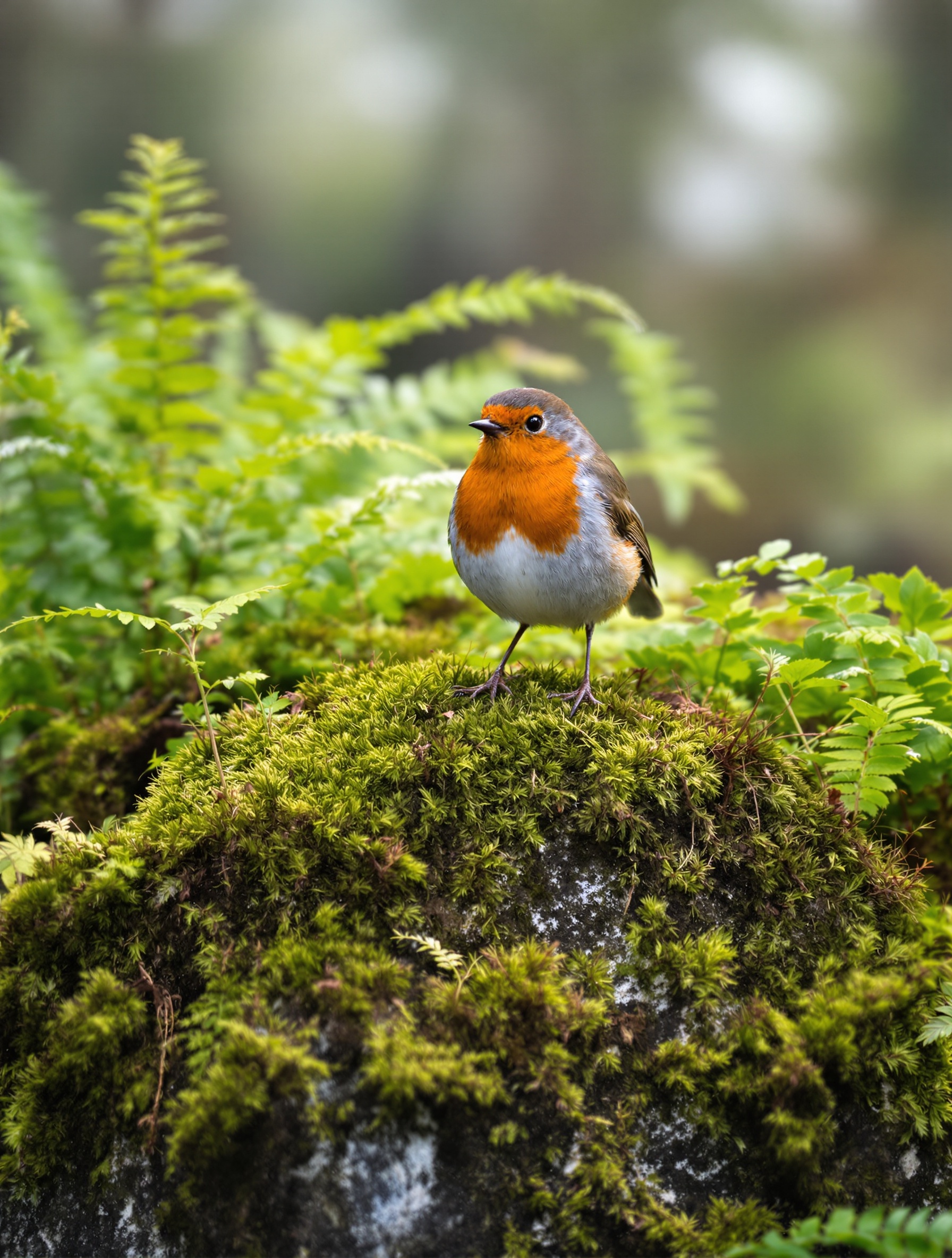 Rouge-gorge mystérieux sur pierre entourée de mousse, folklore breton
