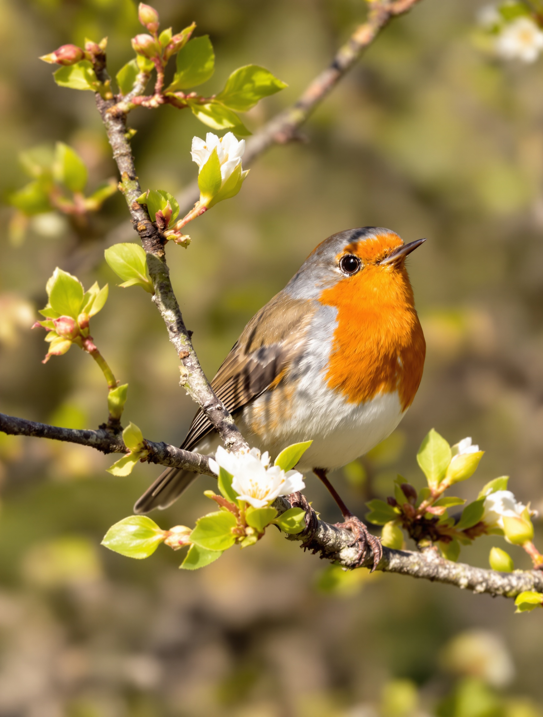 Rouge-gorge perché au printemps sur branche en fleurs