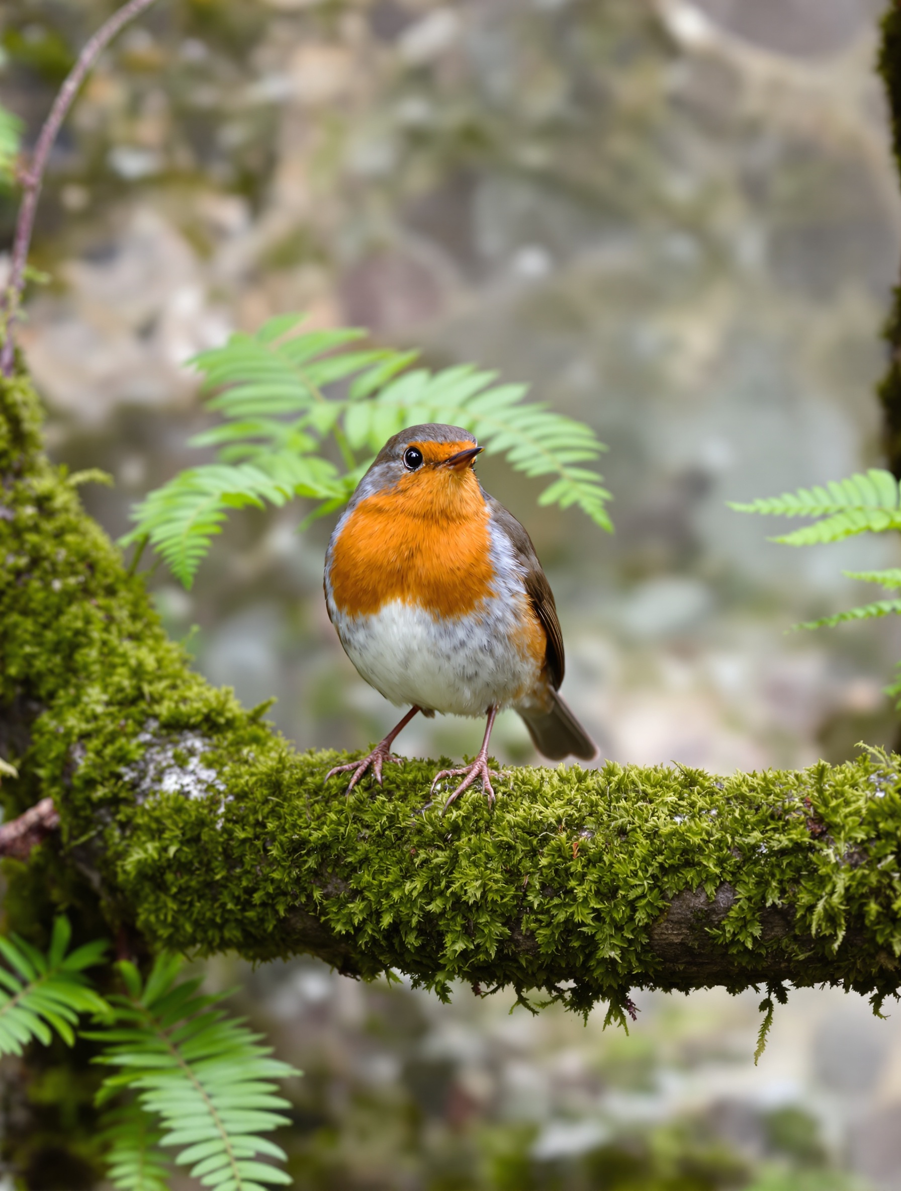 Rouge-gorge sur branche de pommier moussu dans un jardin breton