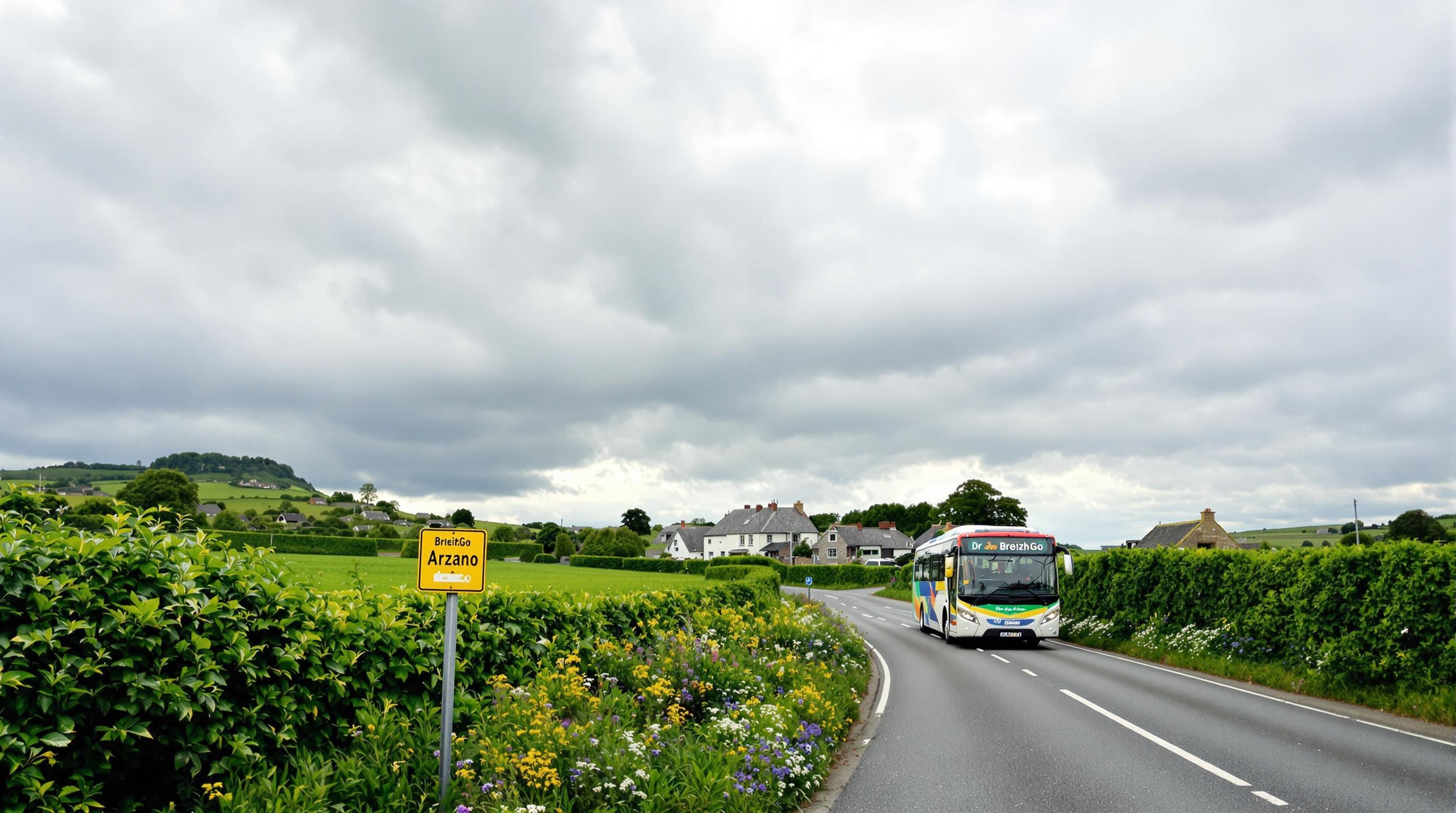 Route de campagne bretonne avec un bus BreizhGo et panneau Arzano