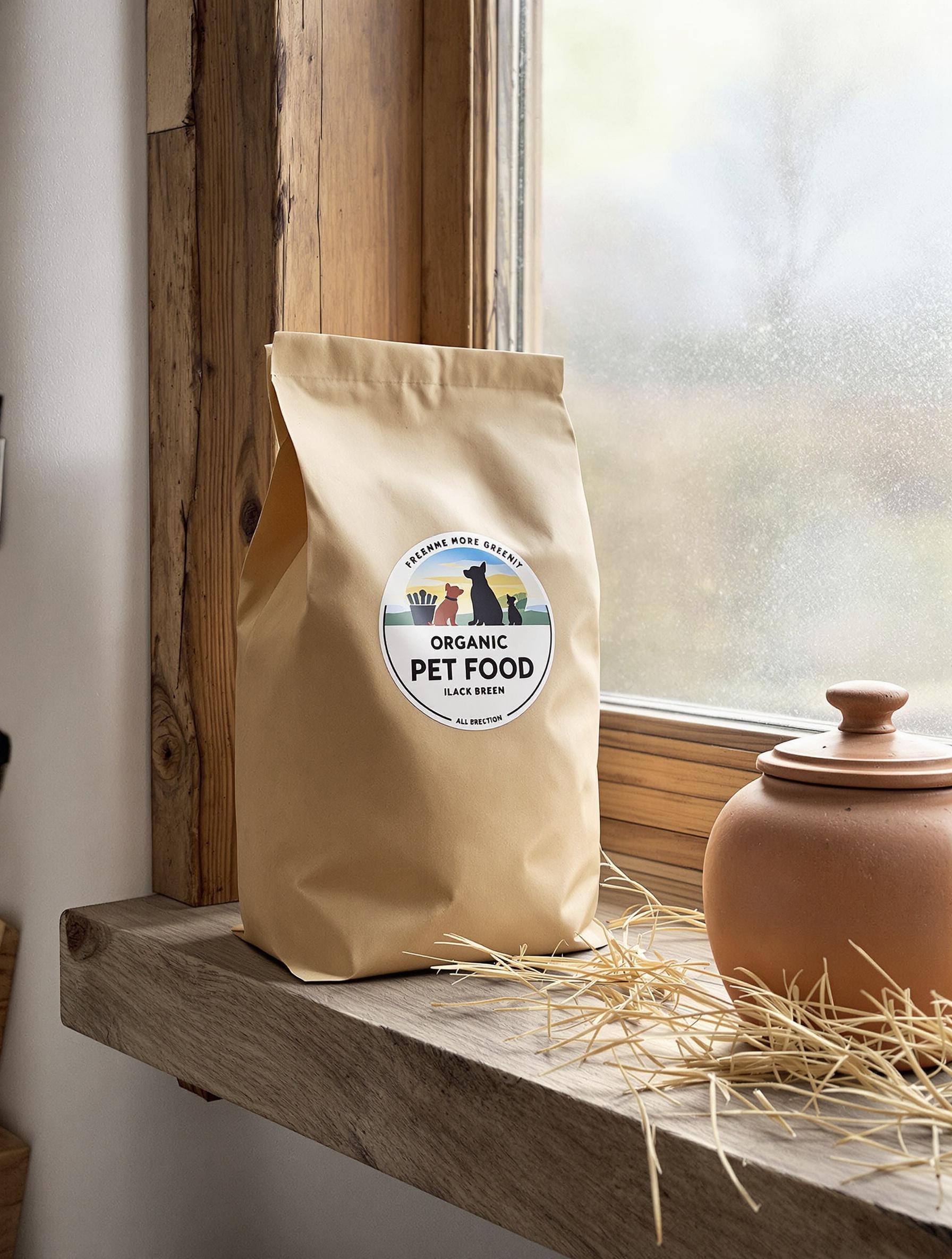 Sac kraft de croquettes bio sur étagère bois avec bocal terre cuite - intérieur breton