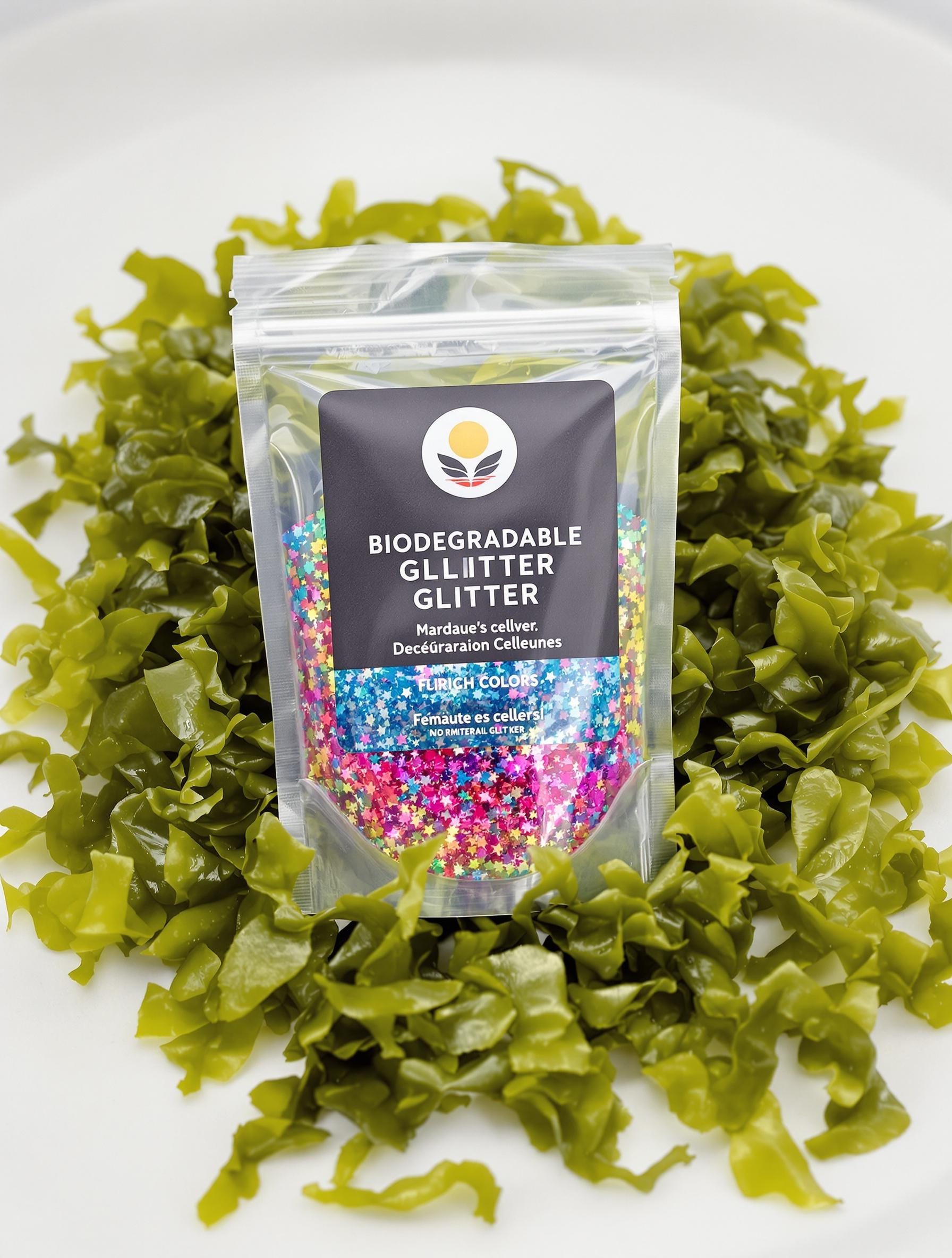 Sachet de paillettes biodégradables en cellulose posé sur des algues.