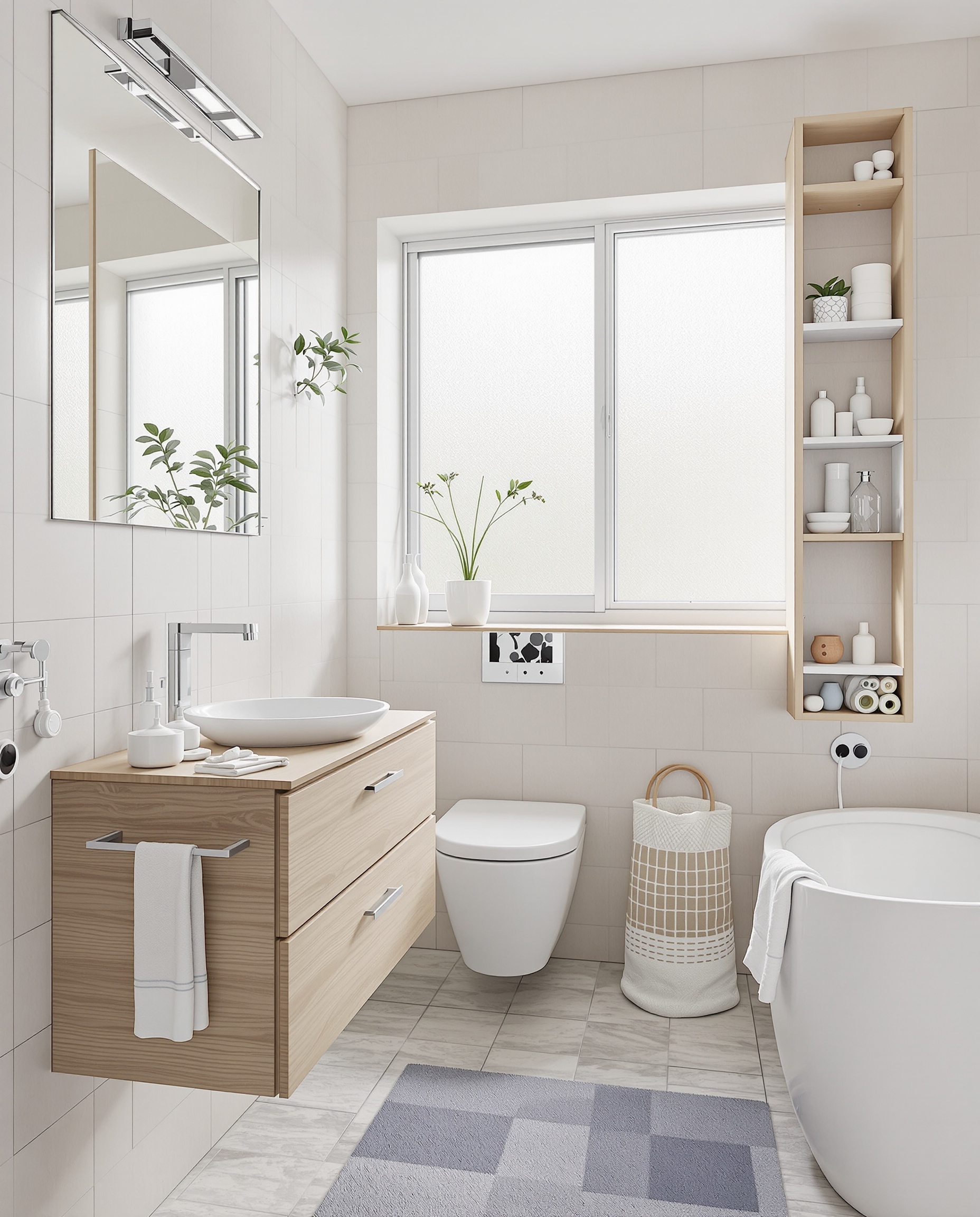 Meuble multifonctionnel compact avec vasque suspendue design pour petite salle de bain