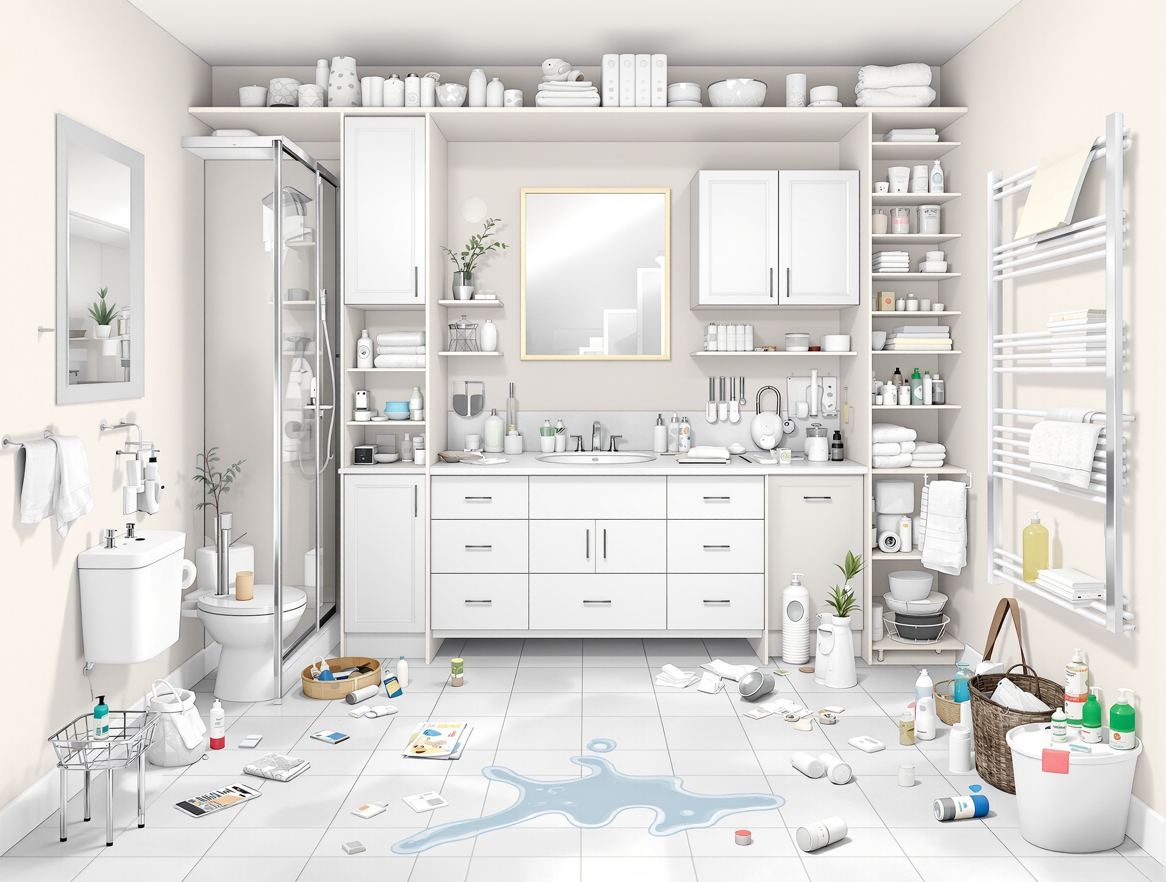 Erreurs courantes petite salle de bain encombrée, mauvaise circulation, problème étanchéité