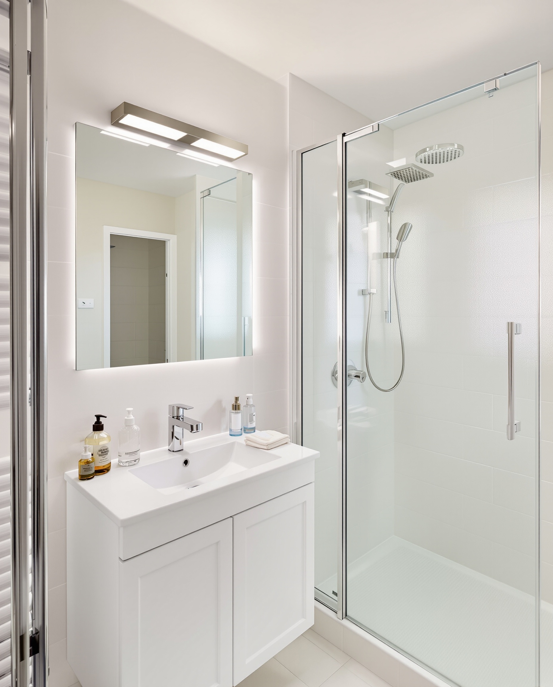 Salle de bain lumineuse optimisée avec couleurs claires et éclairage efficace