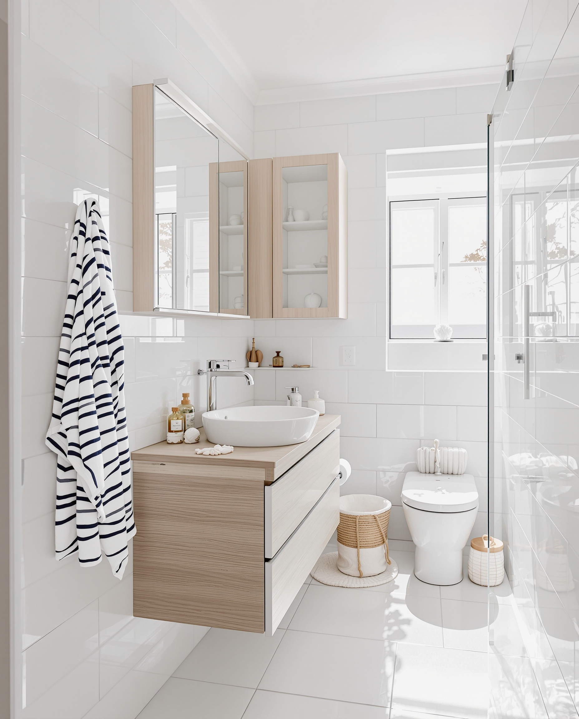 petite salle de bain lumineuse optimisée avec vasque suspendue en bois clair et carrelage blanc brillant