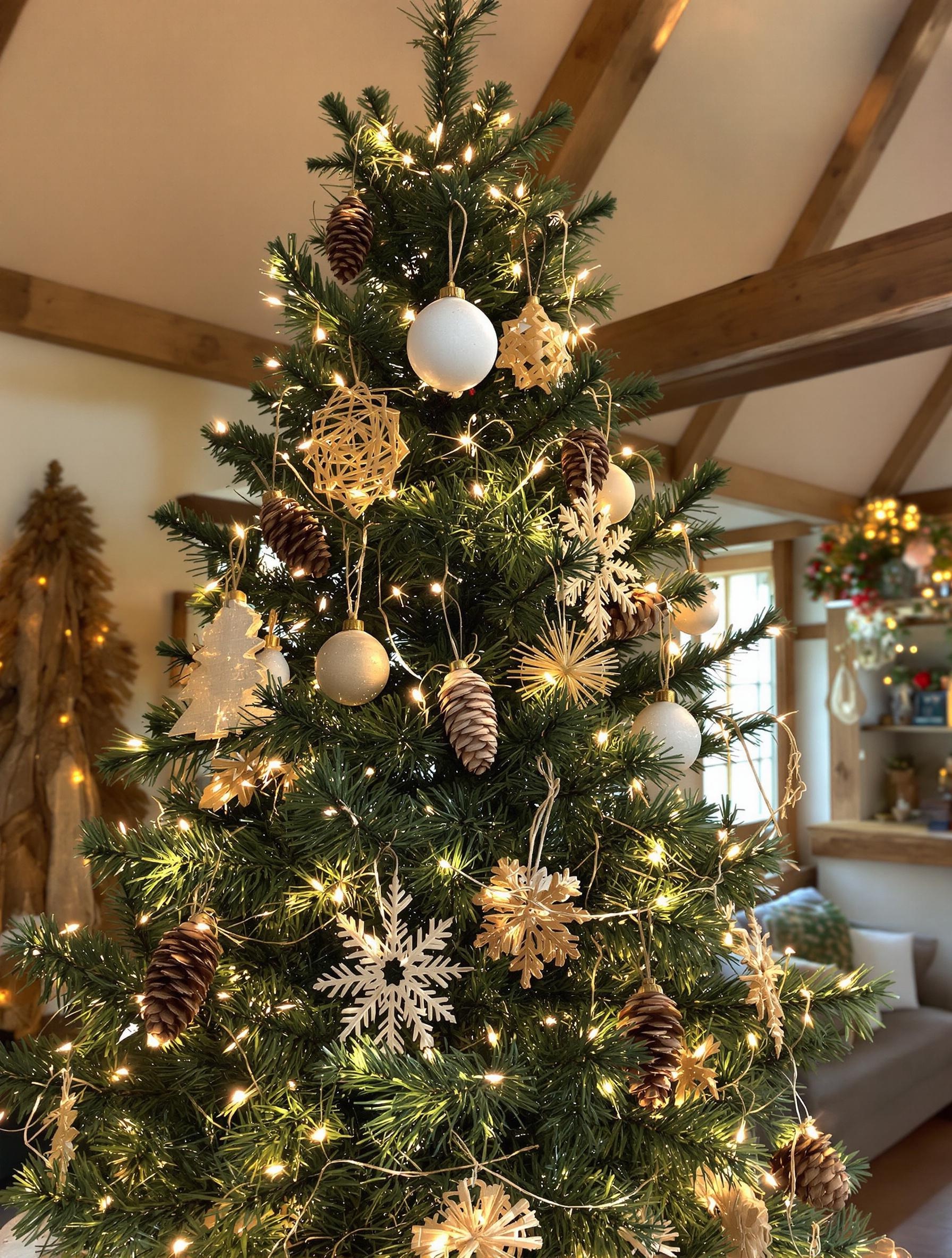 Sapin Noël DIY décoré guirlande solaire pommes pin suspensions naturelles Bretagne