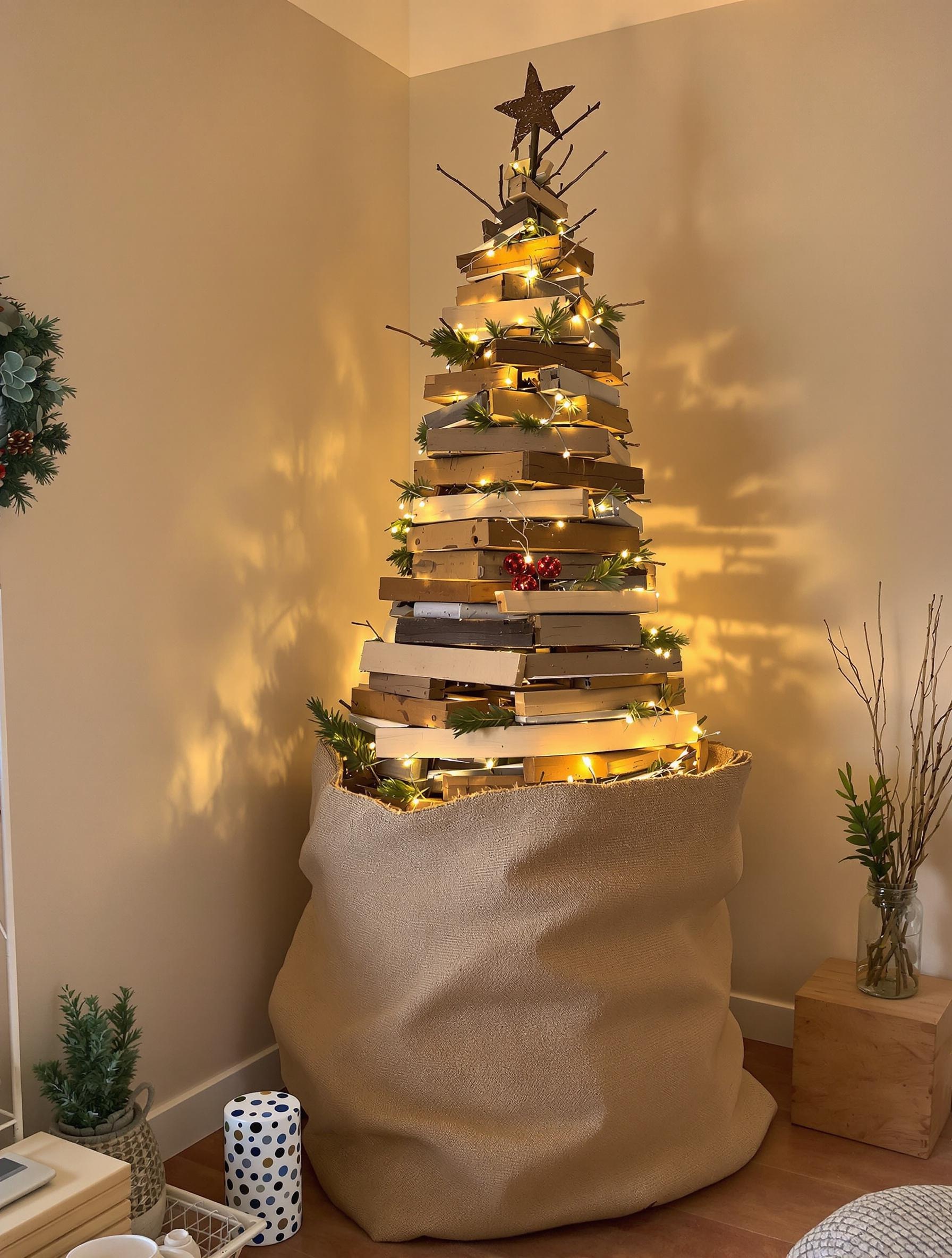 Sapin Noël récup protégé toile de jute conseillé entretien maison bretonne