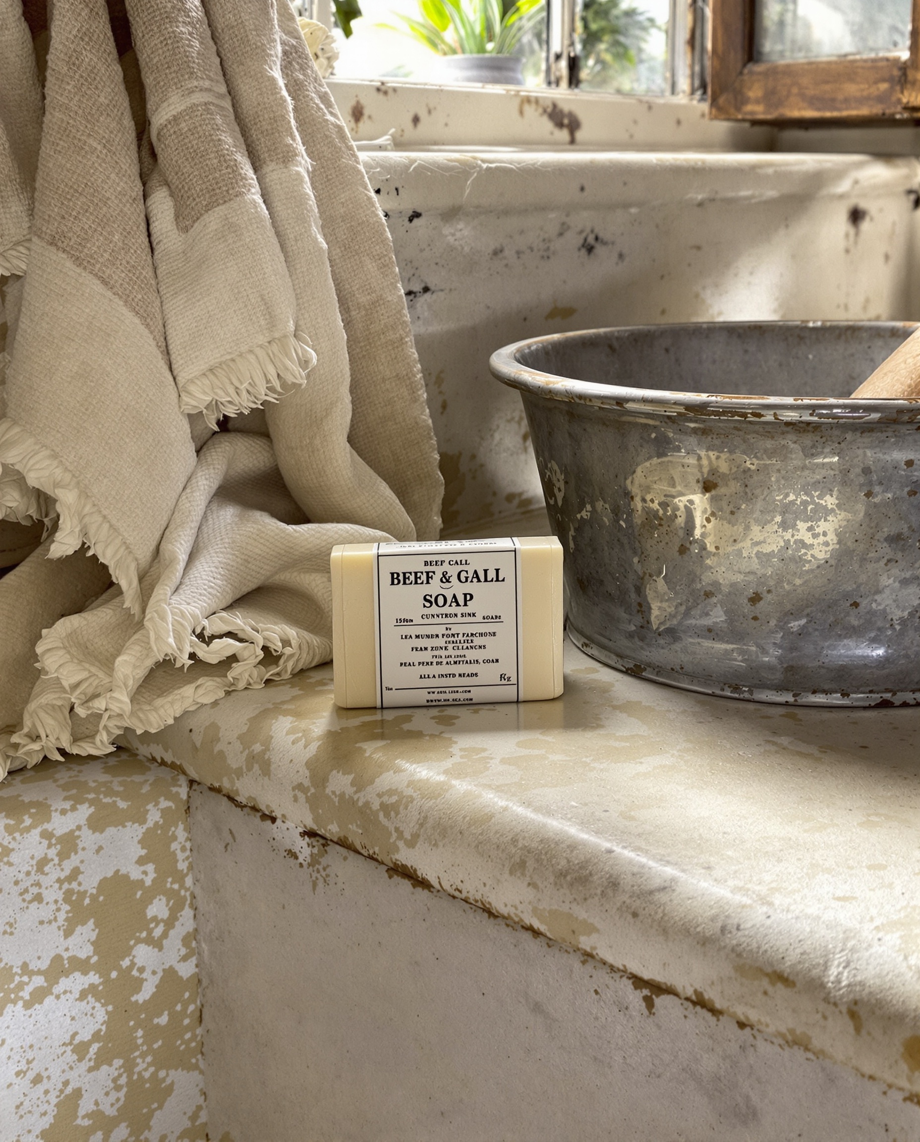 Pain de savon au fiel de bœuf sur évier ancien ambiance bretonne