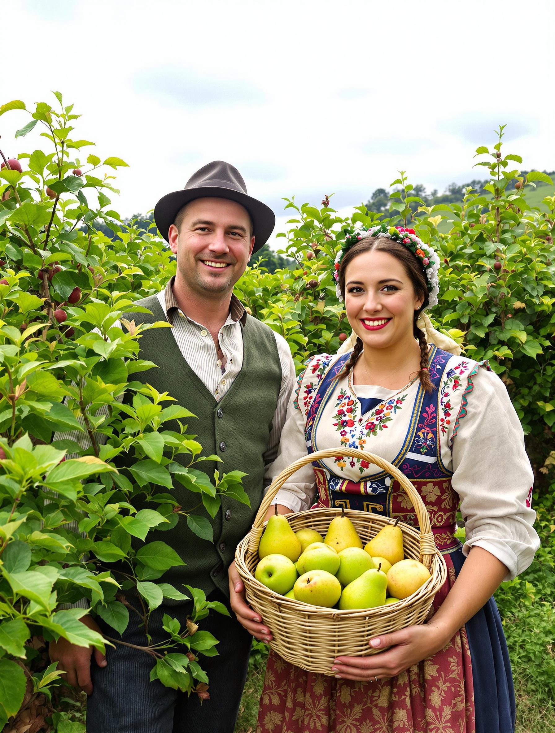 Glaneur breton avec un panier d’osier, près d’un talus verdoyant sous un ciel gris