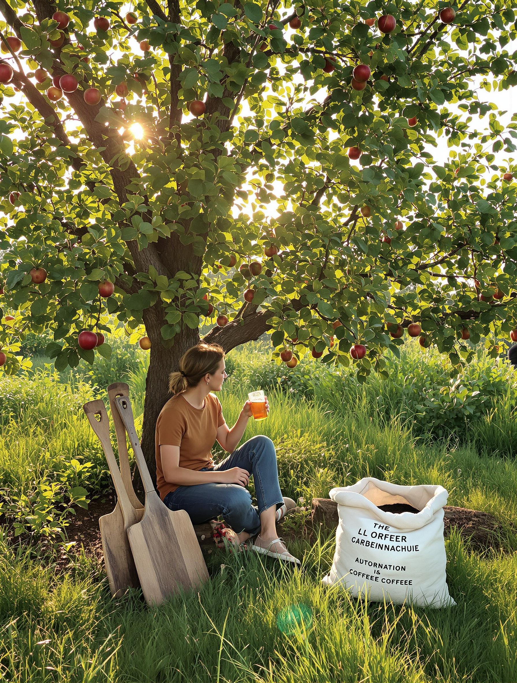 Scène bretonne de fin de journée : jardinier(e) partageant un verre de kombucha maison sous un pommier, outils de jardin en bois posés à côté, potager luxuriant et sac de lin rempli de marc de café, lumière dorée d’un soir.