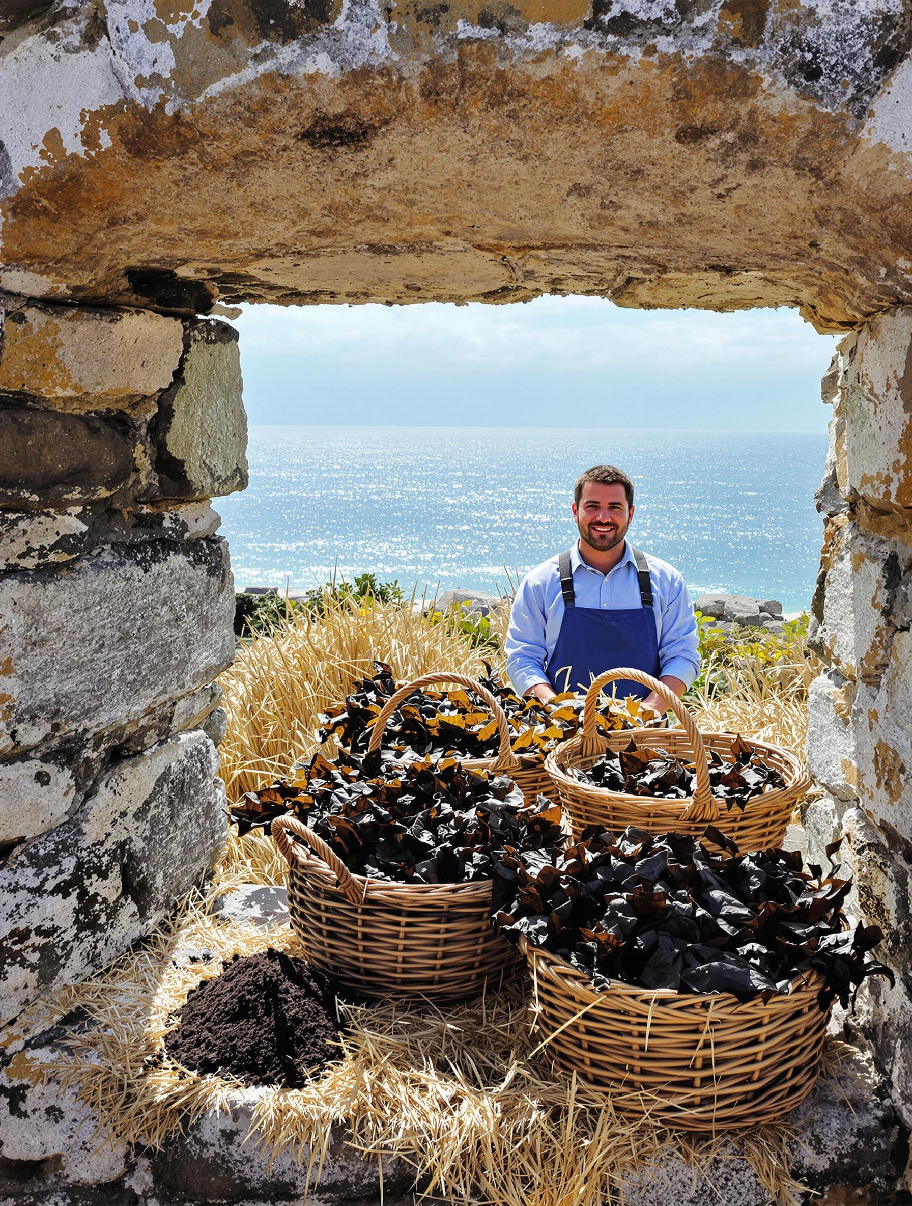 Scène bretonne : panier d’algues fraîches et marc de café sur un muret, paysan en vareuse devant son lopin bordé de paille dorée, fond océanique.