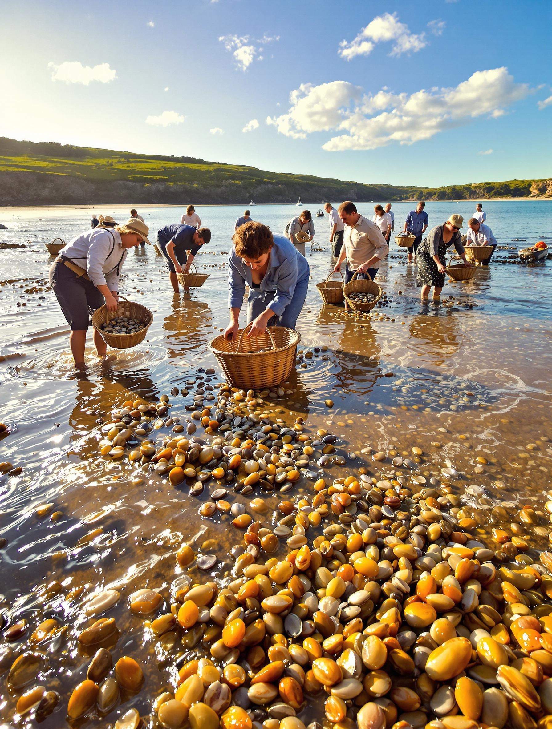 Pêche à pied aux coques en Bretagne au lever du soleil