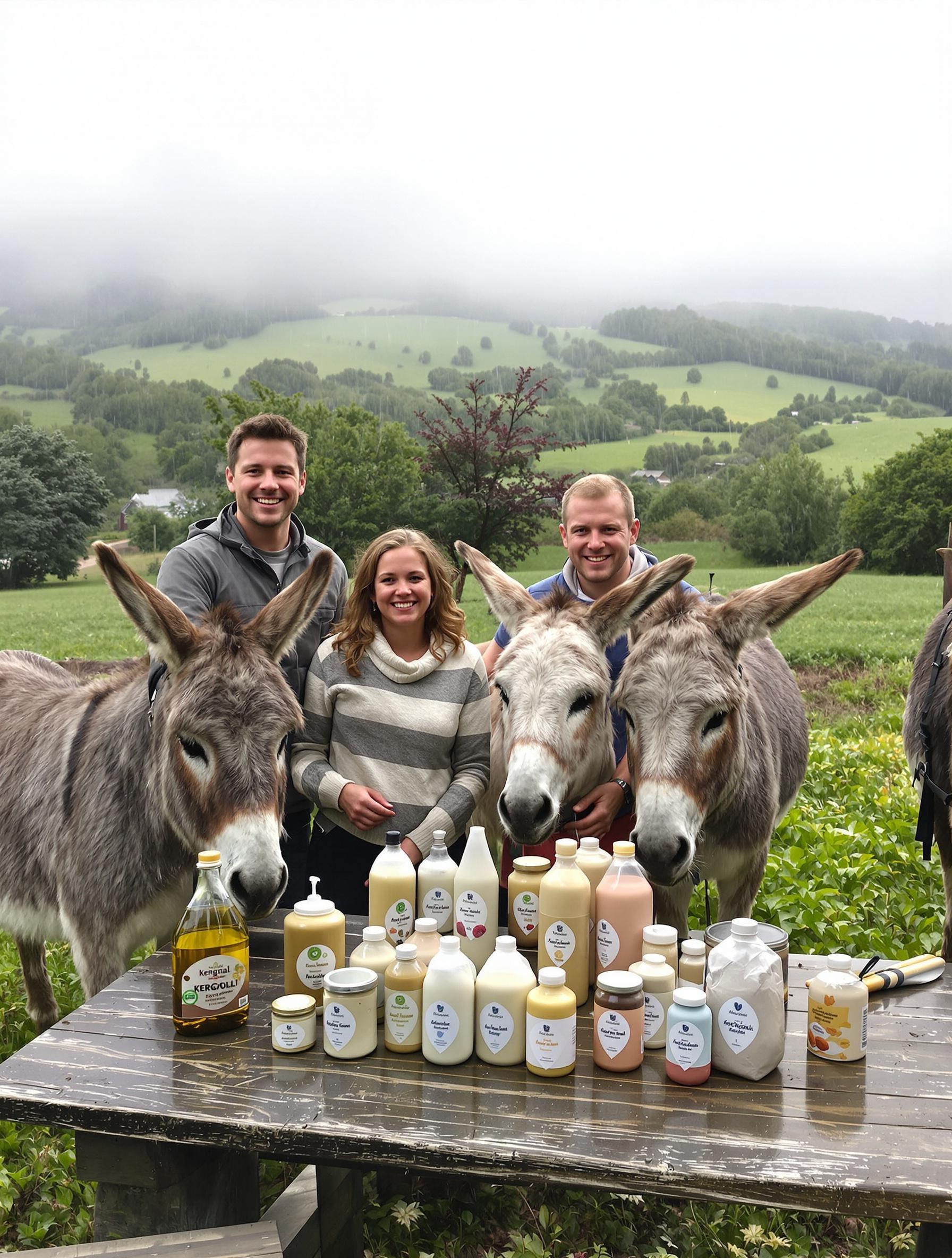Famille heureuse à l'asinerie de Kergall entourée d'ânes et de produits au lait d’ânesse