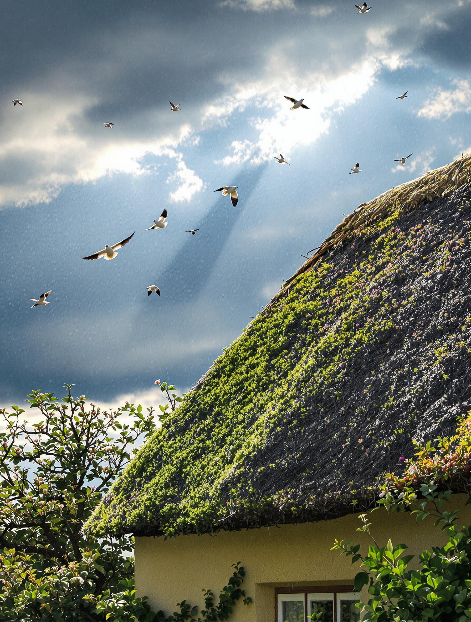 Scène printanière Bretagne oiseaux migrateurs bourgeons toit chaume