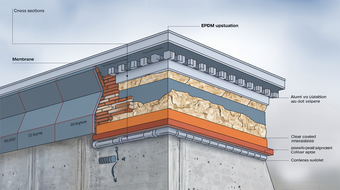 Schéma coupe d’un mur acrotère en béton traversé par le vent d’ouest, isolant laine de roche, relevé EPDM de 180 mm, couvertine alu thermo-laquée.