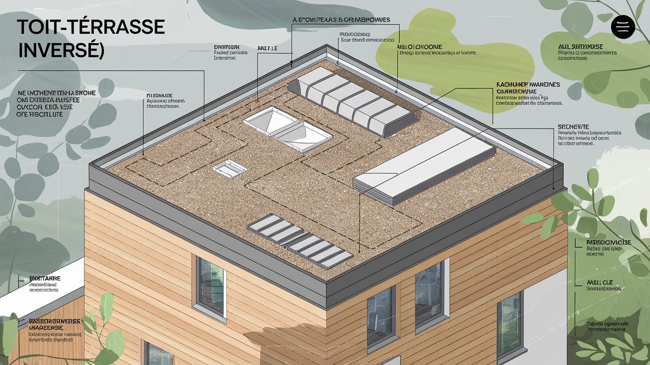 Schéma technique d'un toit-terrasse inversé avec isolation au-dessus, EPDM, SEL et gravillons en Bretagne.